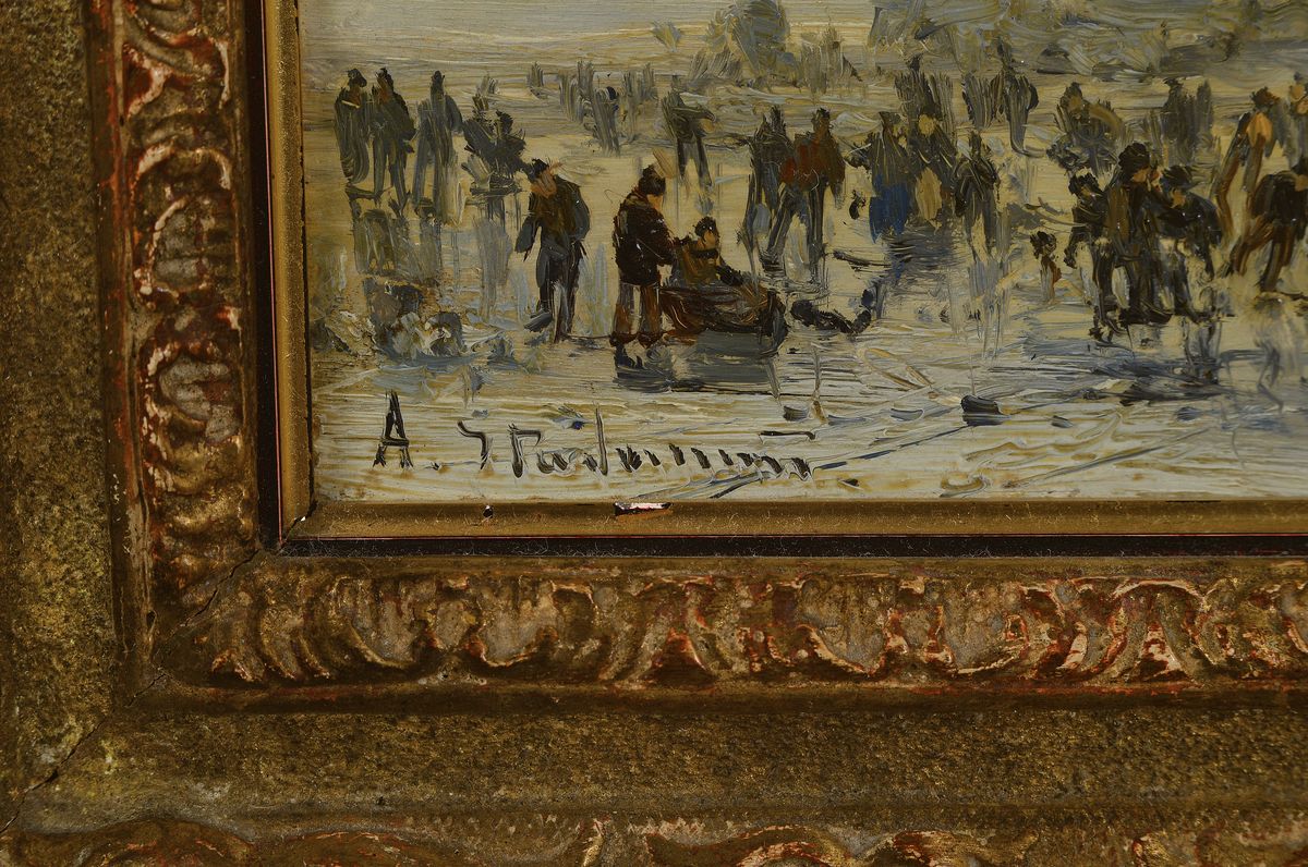 Detail a: Adolf Stademann, 1824 München - 1895, "Eisvergnügen vor Stadtsilhouette", Öl/ Mahagoniplatte, li. unten signiert, reine ...