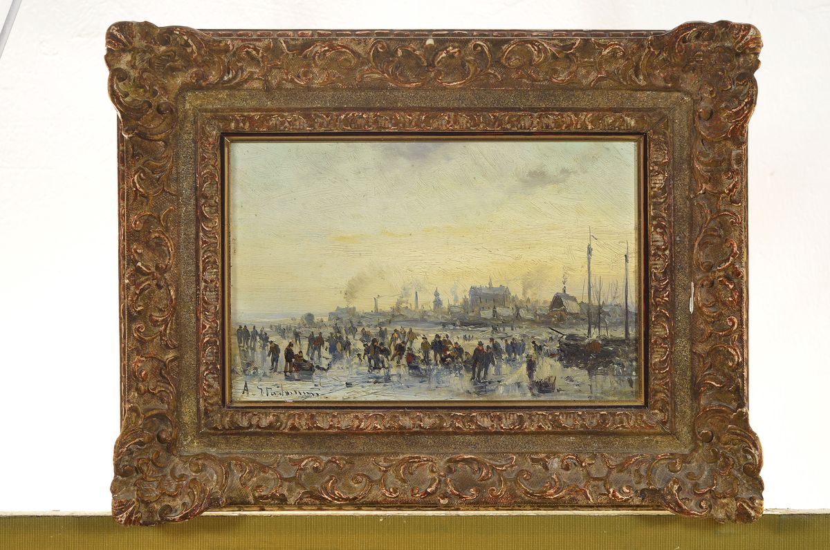 Detail k: Adolf Stademann, 1824 München - 1895, "Eisvergnügen vor Stadtsilhouette", Öl/ Mahagoniplatte, li. unten signiert, reine ...