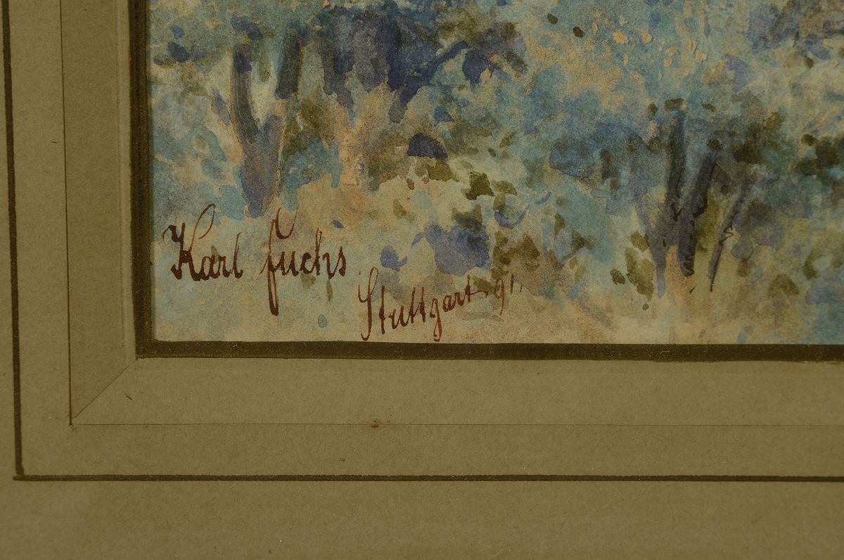 Detail a: Karl Fuchs, 1872 Stuttgart - 1968 Esslingen, Aquarell, frühe Industrieanlage, Gleisanschluss, Lok und Pferdefuhrwerke, detailreiche Schilderung der ...
