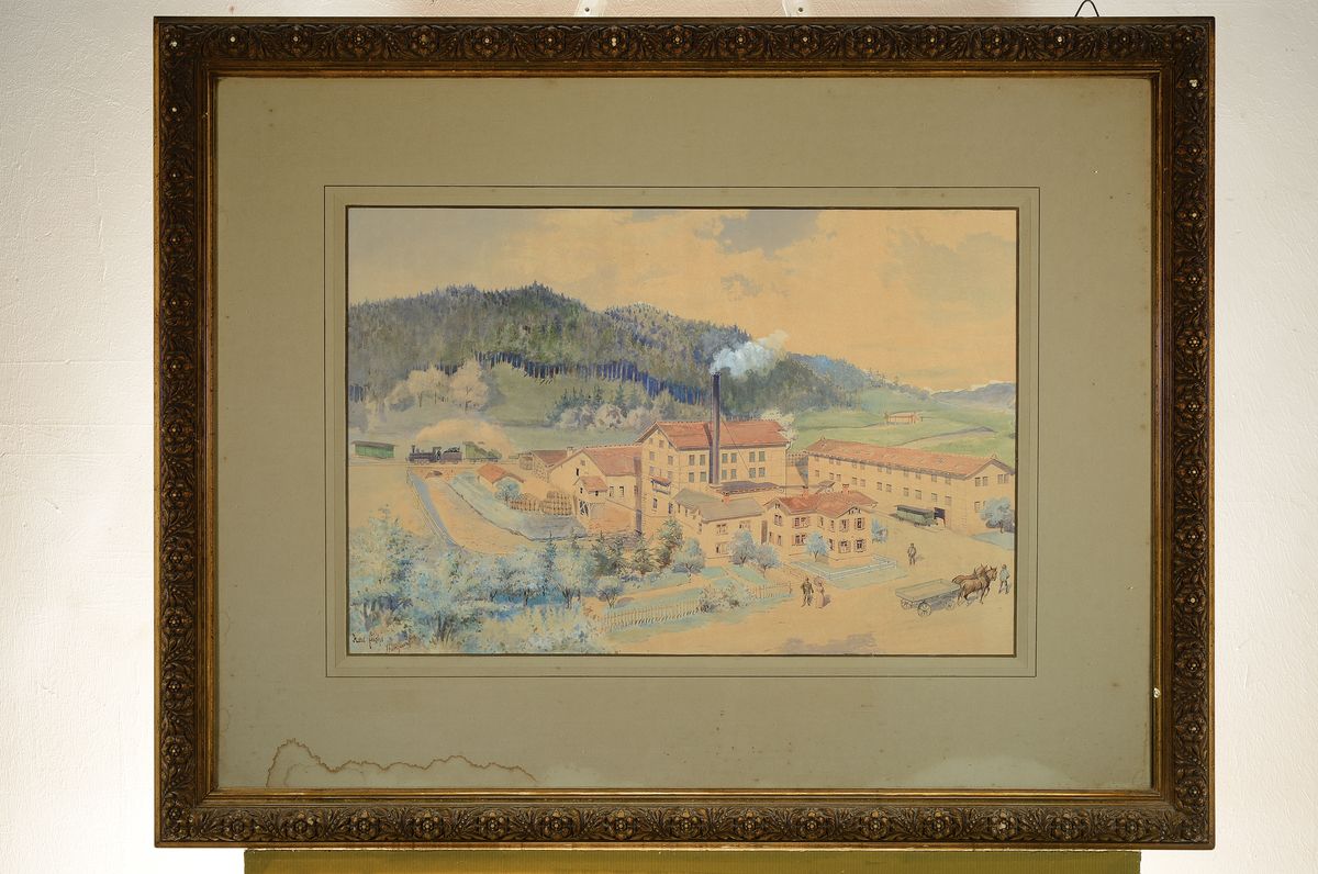 Detail k: Karl Fuchs, 1872 Stuttgart - 1968 Esslingen, Aquarell, frühe Industrieanlage, Gleisanschluss, Lok und Pferdefuhrwerke, detailreiche Schilderung der ...