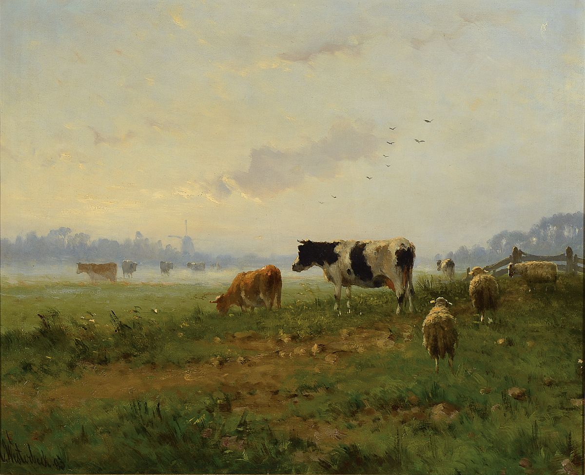 Cornelius Westbeek wohl I., 1844 - Sassenheim - 1903 Den Haag, grasende Tiere in der Dämmerung, Fleckvieh und Schafe im Morgendunst, im Hintergrund ...