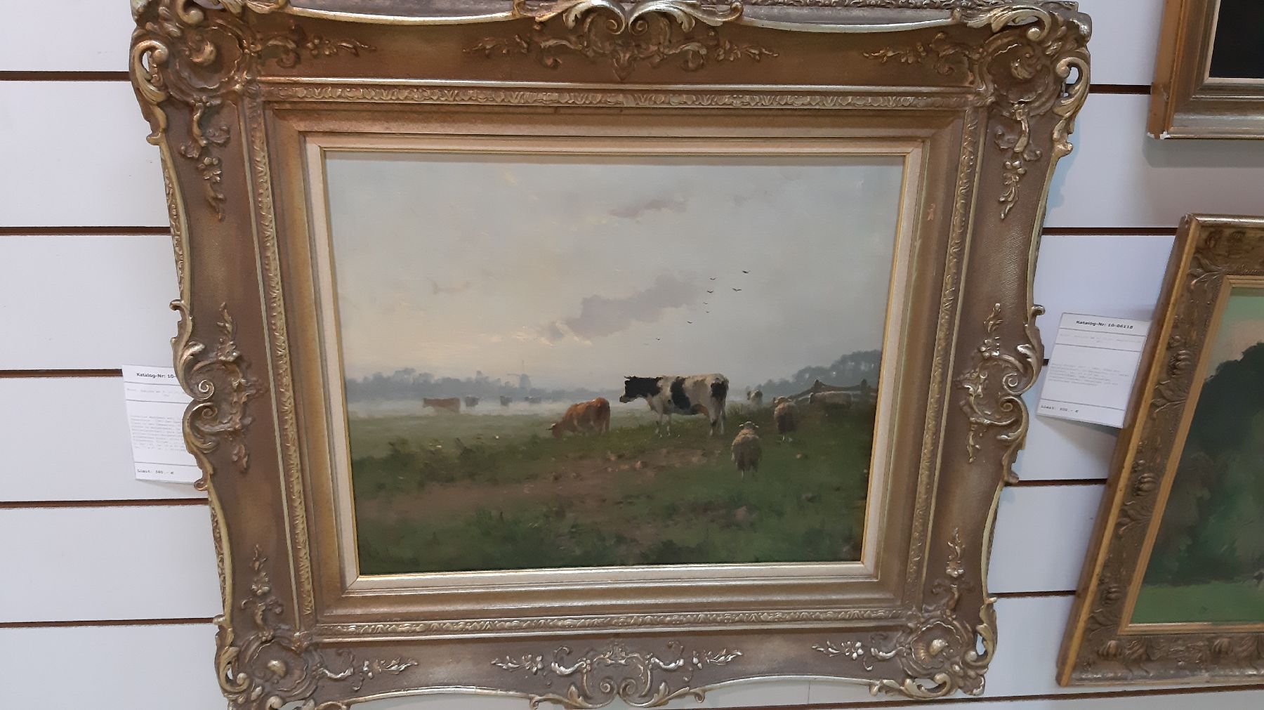 Detail c: Cornelius Westbeek wohl I., 1844 - Sassenheim - 1903 Den Haag, grasende Tiere in der Dämmerung, Fleckvieh und Schafe im Morgendunst, im Hintergrund ...