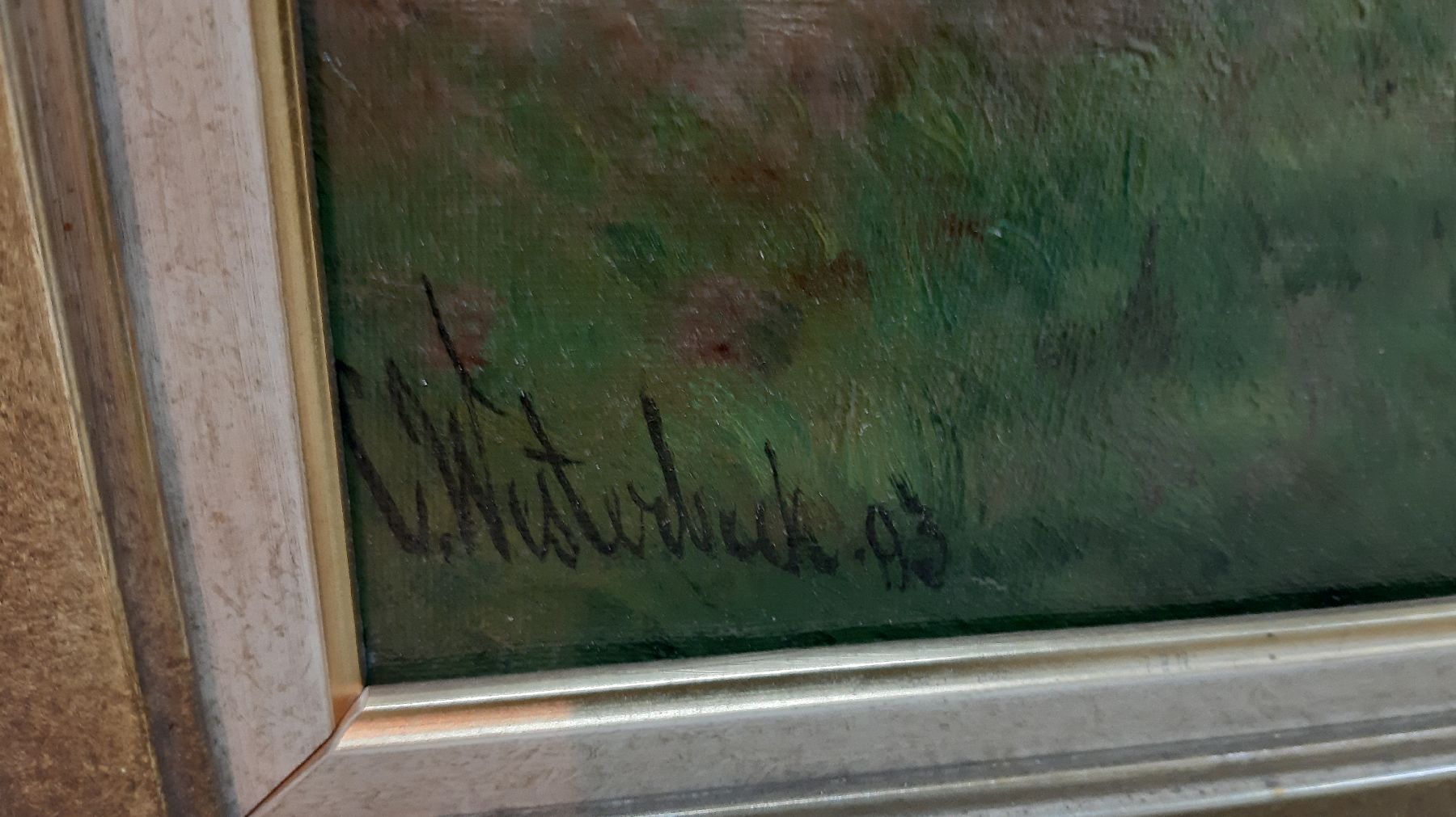 Detail d: Cornelius Westbeek wohl I., 1844 - Sassenheim - 1903 Den Haag, grasende Tiere in der Dämmerung, Fleckvieh und Schafe im Morgendunst, im Hintergrund ...