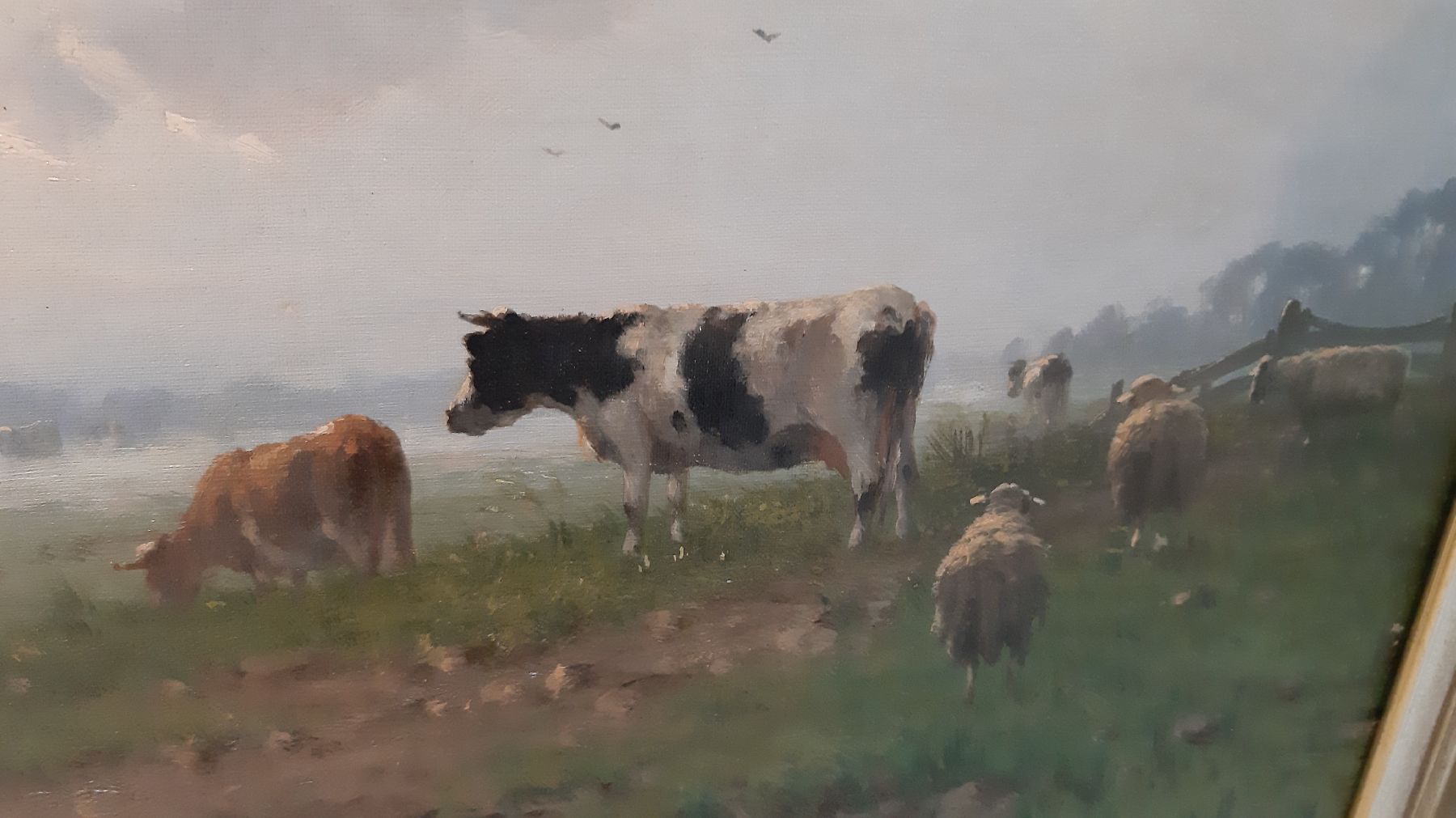 Detail e: Cornelius Westbeek wohl I., 1844 - Sassenheim - 1903 Den Haag, grasende Tiere in der Dämmerung, Fleckvieh und Schafe im Morgendunst, im Hintergrund ...