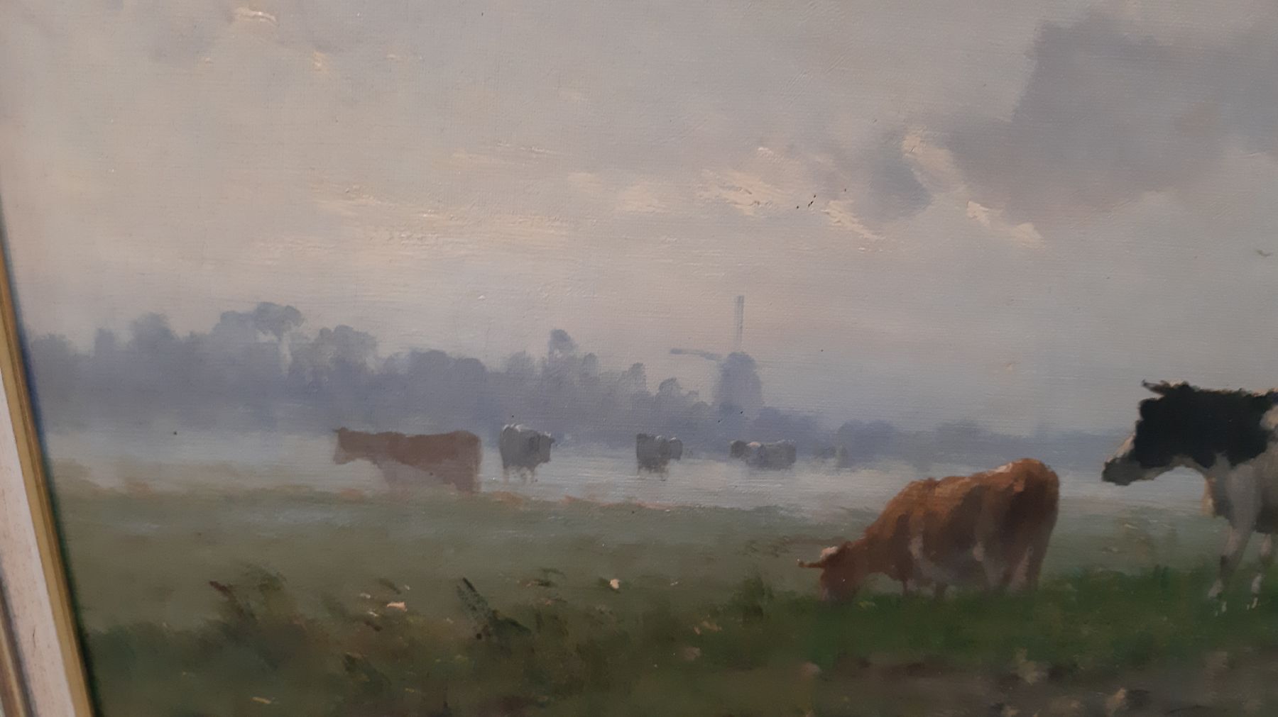 Detail f: Cornelius Westbeek wohl I., 1844 - Sassenheim - 1903 Den Haag, grasende Tiere in der Dämmerung, Fleckvieh und Schafe im Morgendunst, im Hintergrund ...