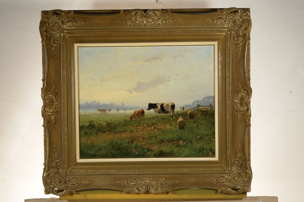 Detail k: Cornelius Westbeek wohl I., 1844 - Sassenheim - 1903 Den Haag, grasende Tiere in der Dämmerung, Fleckvieh und Schafe im Morgendunst, im Hintergrund ...