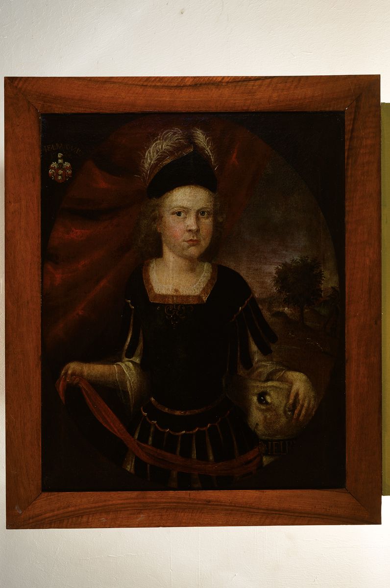 Detail k: Süddeutscher Maler, 18. Jahrhundert, Darstellung eines Erben der Familie Rüdt von Collenberg in römischer ritterlicher Kleidung, rechts von ihm ...