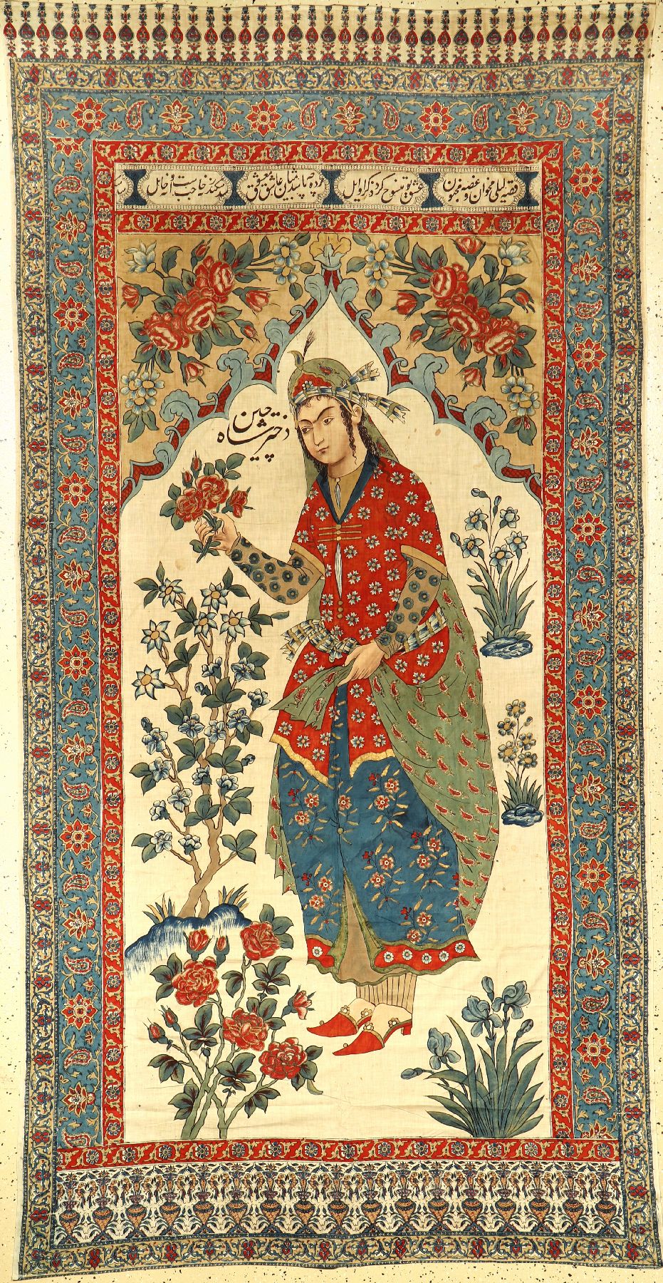 Esfahan "Qalamkar" antik (Tochter eines Königs), Zentralpersien, um 1900, Baumwolltuch teils aufgedruckt und bemalt. Sehr feine Zeichnung ...