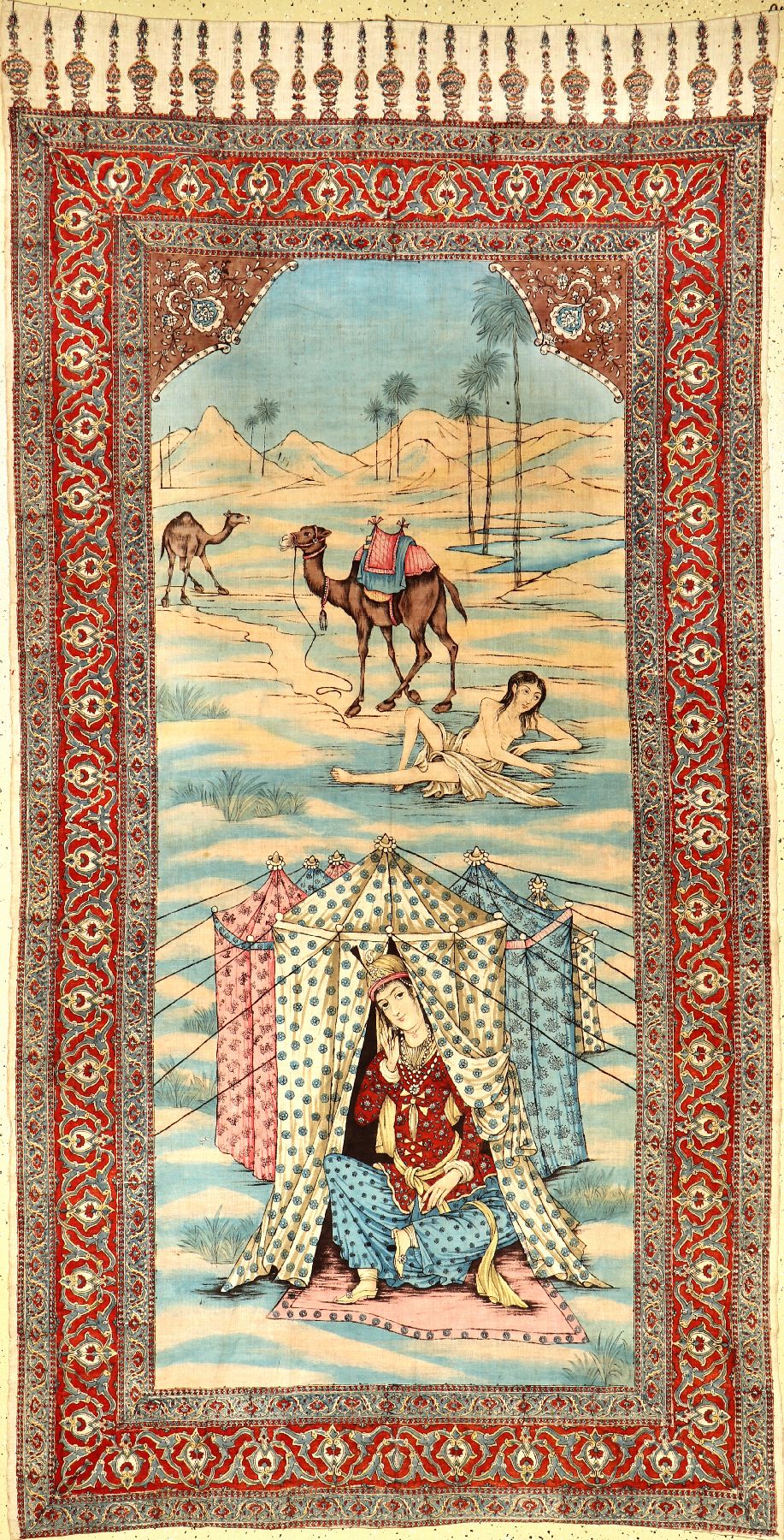 Esfahan "Qalamkar" antik (Leyli & Majnun), Zentralpersien, um 1900, Baumwolltuch teils aufgedruckt und bemalt. Feine Zeichnung, absolute ...