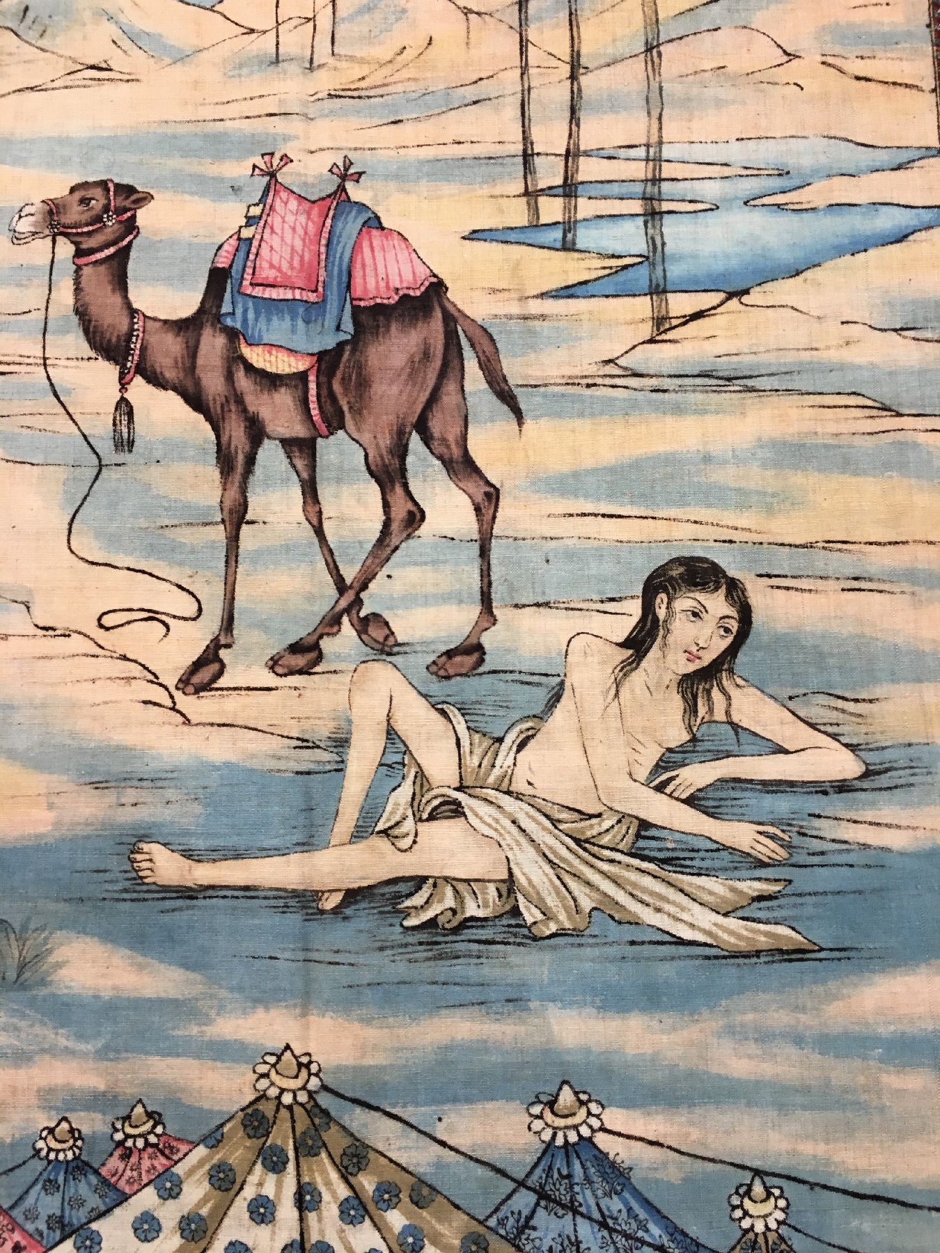 Detail c: Esfahan "Qalamkar" antik (Leyli & Majnun), Zentralpersien, um 1900, Baumwolltuch teils aufgedruckt und bemalt. Feine Zeichnung, absolute ...