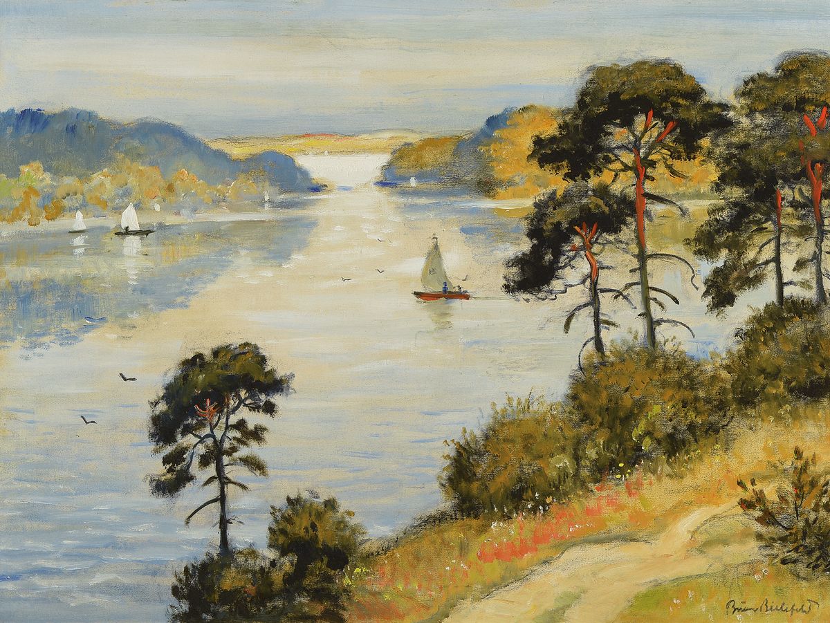 Bruno Bielefeld, 1879 Blumenau-1973 Berlin, Blick auf einen See mit Segelschiffen, Öl/Lwd, rechts unten signiert, ca. 61x78cm/75x91cm, Rahmen