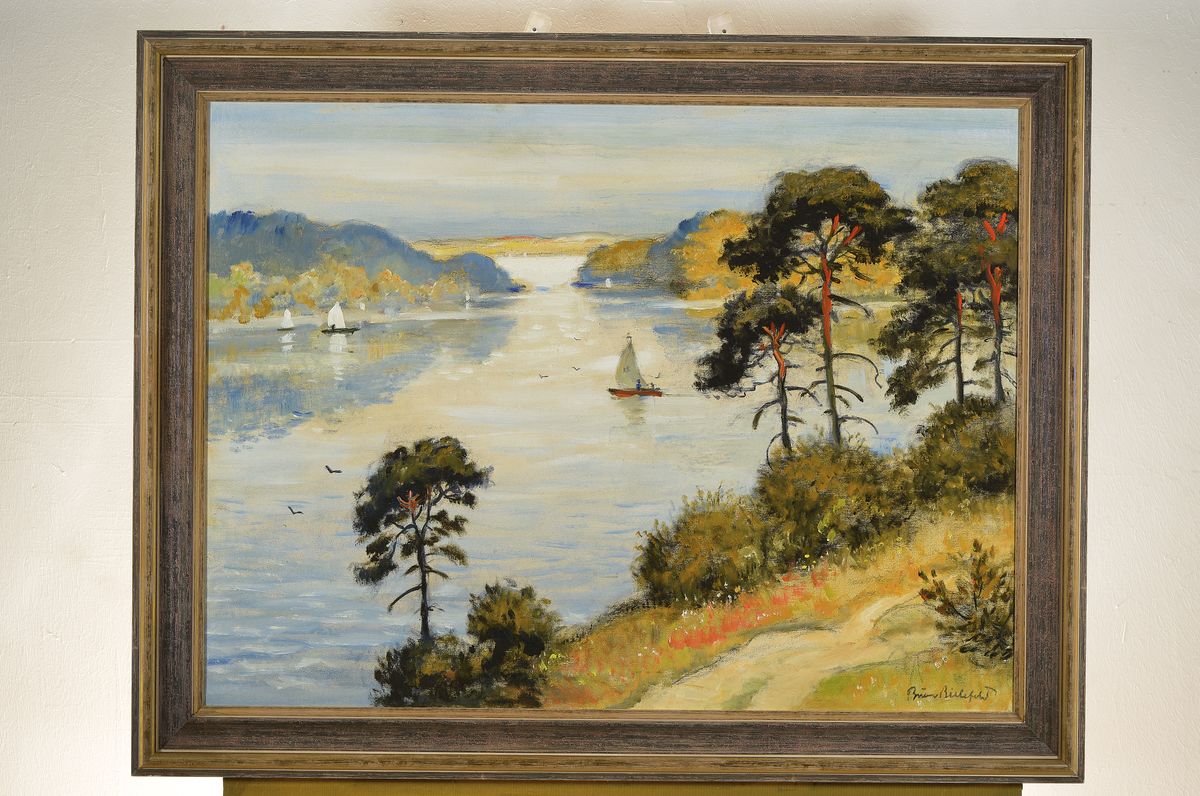 Detail k: Bruno Bielefeld, 1879 Blumenau-1973 Berlin, Blick auf einen See mit Segelschiffen, Öl/Lwd, rechts unten signiert, ca. 61x78cm/75x91cm, Rahmen