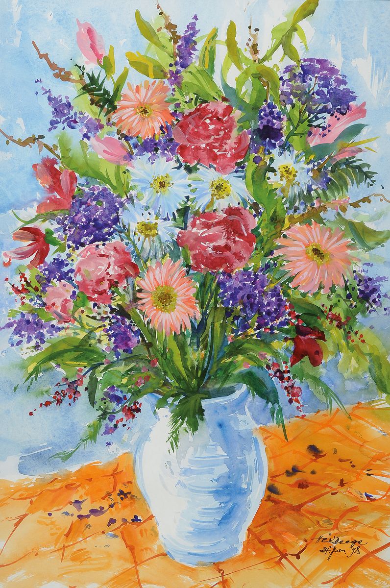 Heiner Deege, 1920 Hassloch -2007, Blumenstillleben mit Vase, Aquarell, rechts unten signiert und datiert 24. Jan. 98, rückseitig Widmung, unter ...