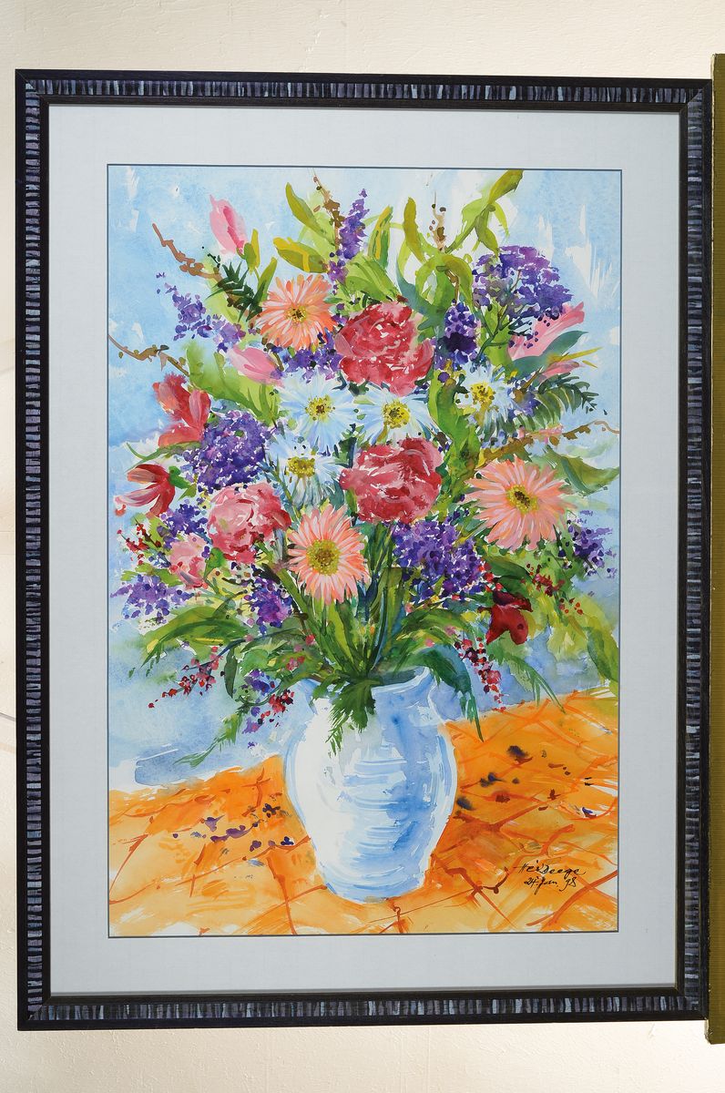 Detail k: Heiner Deege, 1920 Hassloch -2007, Blumenstillleben mit Vase, Aquarell, rechts unten signiert und datiert 24. Jan. 98, rückseitig Widmung, unter ...