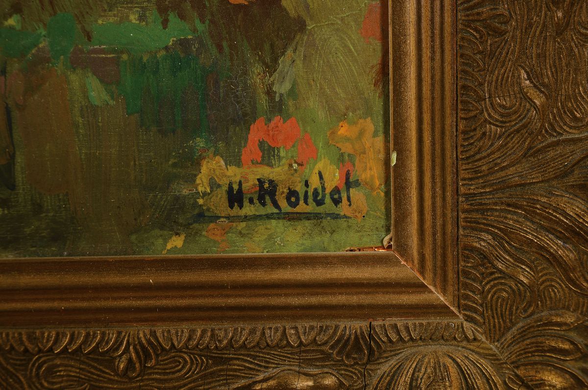Detail a: Henry Roidot 1877 - 1960, Kühe vor Waldlandschaft, Öl/Malkarton, li. unten signiert, ca. 44 x 59 cm, l. Altersschäden, sehr aufwendiger ...