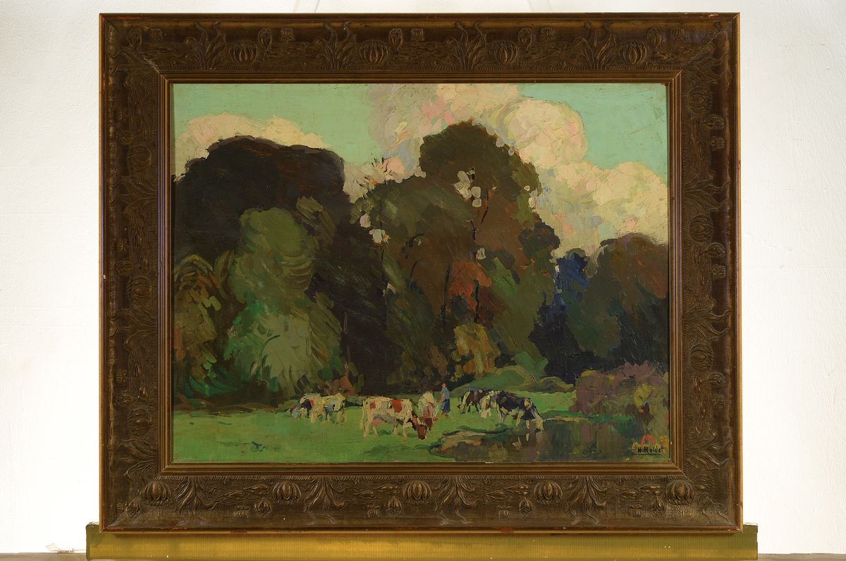 Detail k: Henry Roidot 1877 - 1960, Kühe vor Waldlandschaft, Öl/Malkarton, li. unten signiert, ca. 44 x 59 cm, l. Altersschäden, sehr aufwendiger ...
