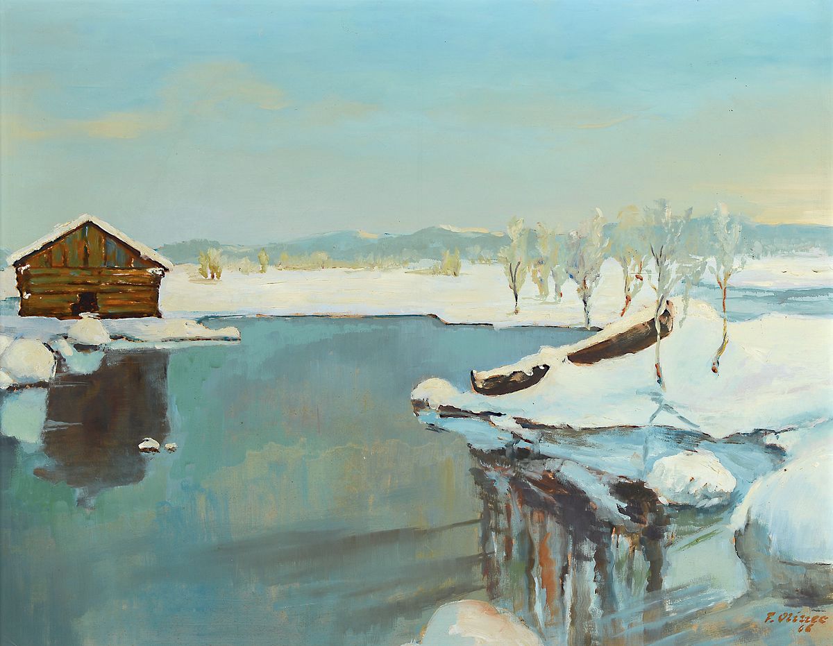 Unbekannter Künstler, um 1965, Winterlandschaft, wohl Nordamerika oder Kanada, weite verschneite Ebene mit Mittelgebirge, gekonnte Gestaltung der ...