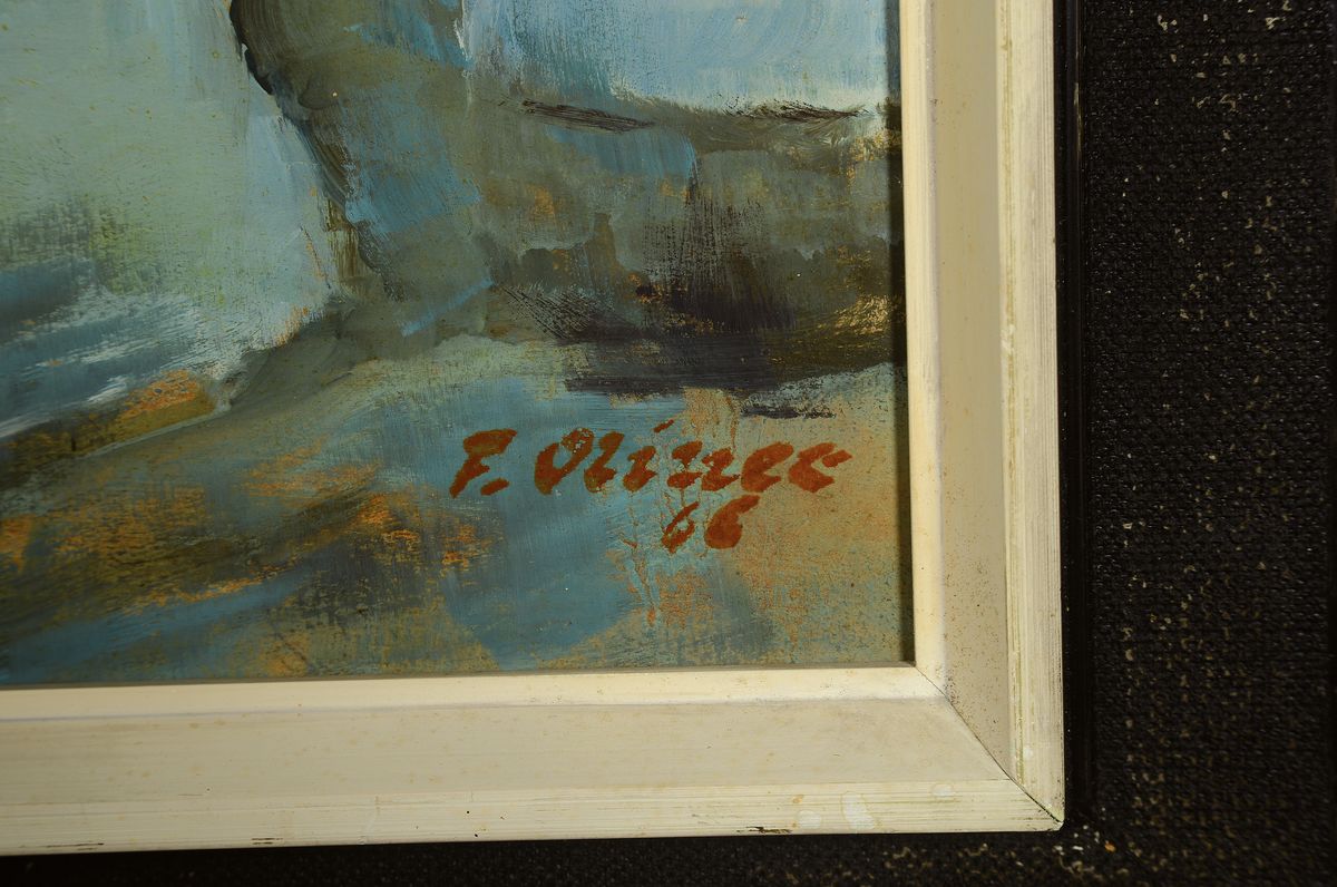 Detail c: Unbekannter Künstler, um 1965, Winterlandschaft, wohl Nordamerika oder Kanada, weite verschneite Ebene mit Mittelgebirge, gekonnte Gestaltung der ...