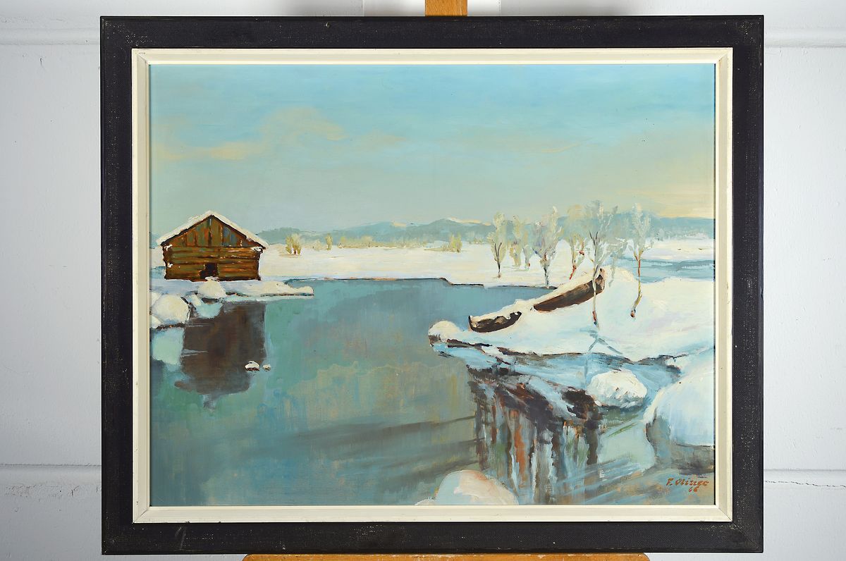 Detail k: Unbekannter Künstler, um 1965, Winterlandschaft, wohl Nordamerika oder Kanada, weite verschneite Ebene mit Mittelgebirge, gekonnte Gestaltung der ...