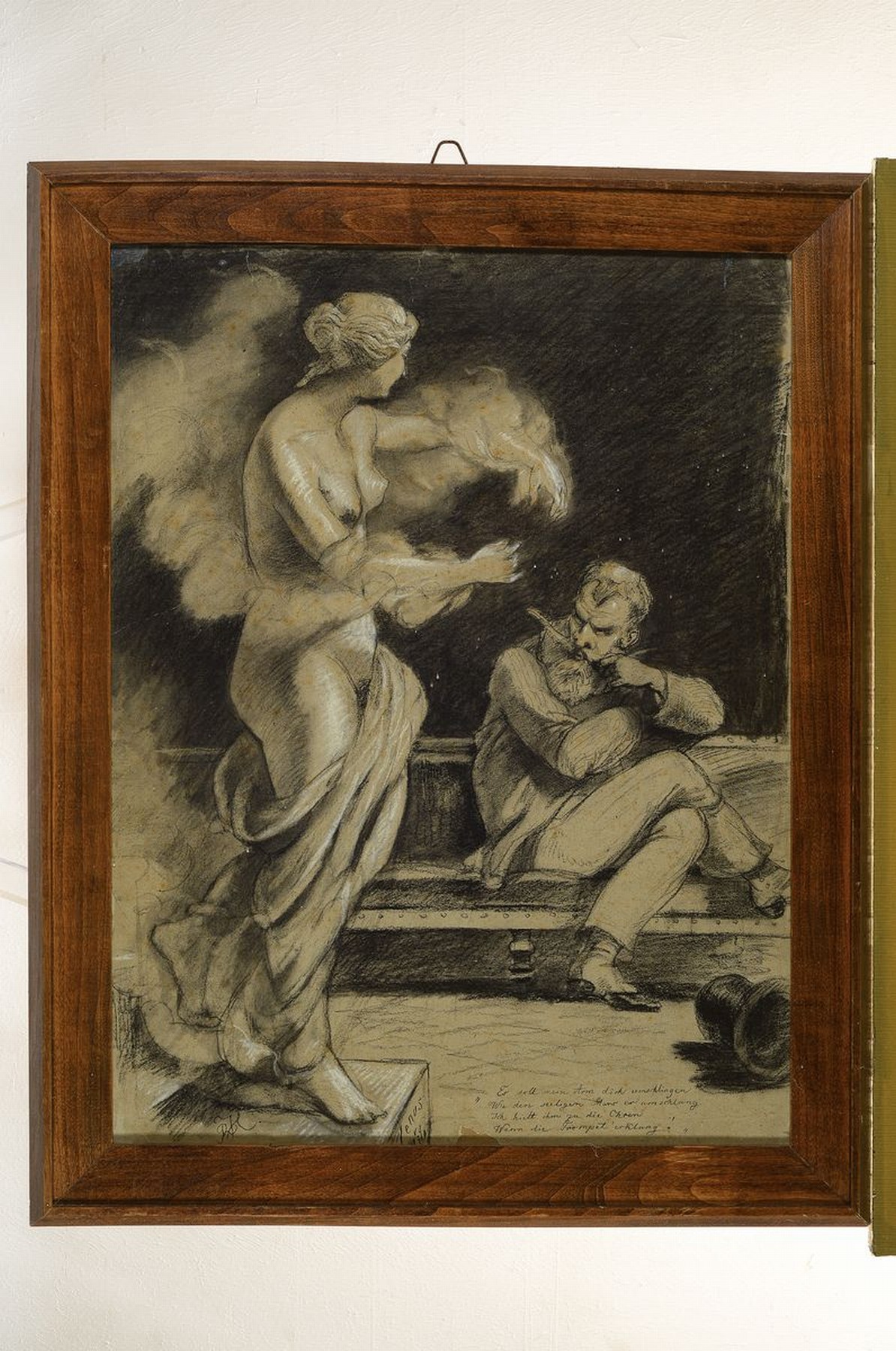 Detail k: Monogrammist RH, wohl Münchener Schule um 1900, Venus von Milo mit kritischem Künstler in der Auseinandersetzung mit dem Schönen, Kohlezeichnung, ...