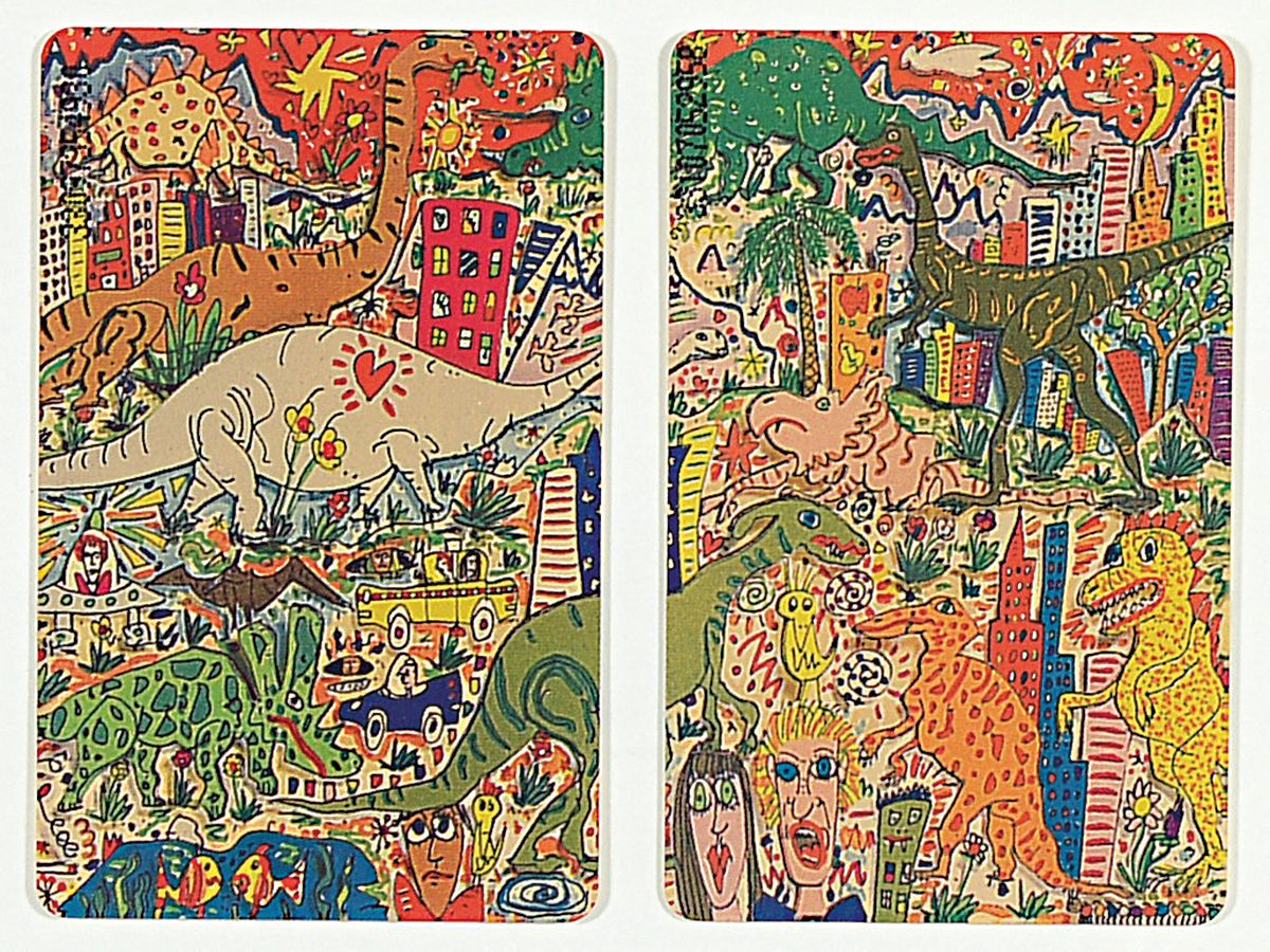 James Rizzi, geb.1950-2011, 2 Telefonkarten mit 15 Magneten, unsign., Karte je ca. 5,5x8 cm, unter Glas gesamt ca. 36,5x34 cm