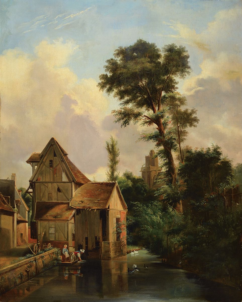 Niederländischer Künstler, um 1800, Flusslandschaft im Gegenlicht, Wasservögel und Wäscherinnen am Fluss, Öl/Lwd, feine Stofflichkeit, gekonnte ...
