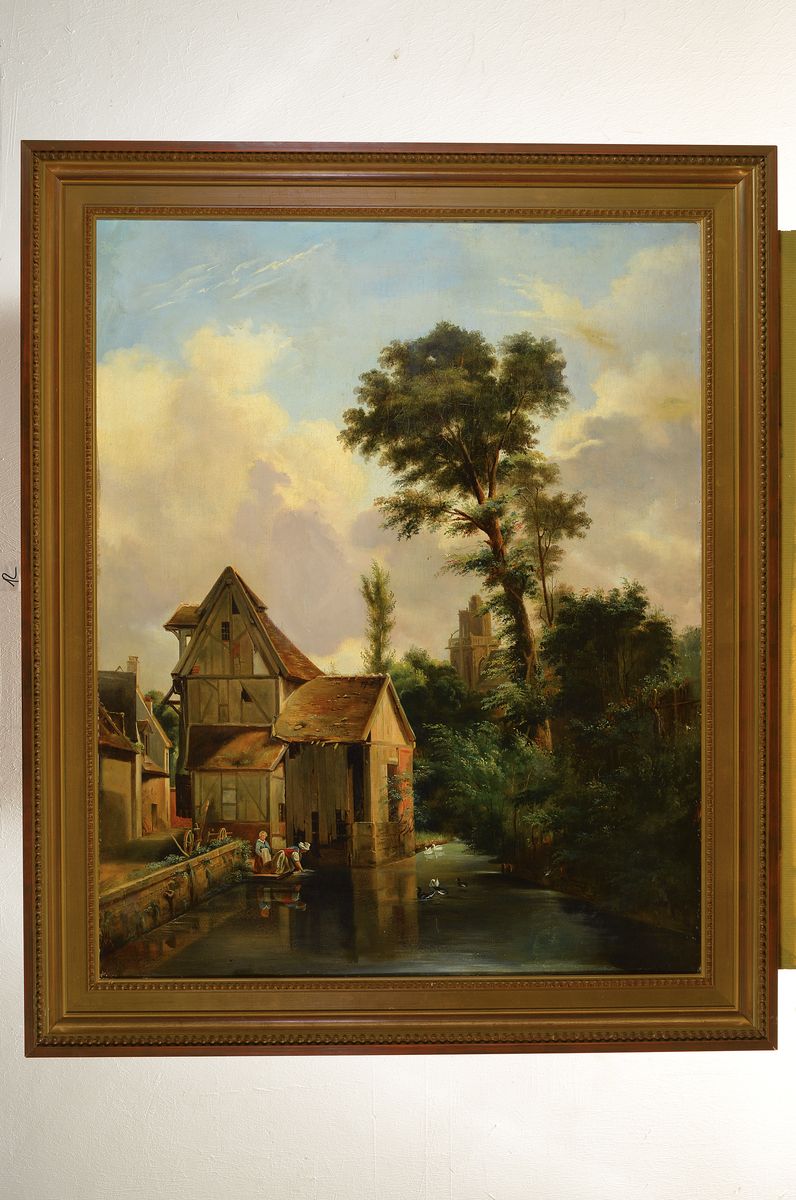 Detail k: Niederländischer Künstler, um 1800, Flusslandschaft im Gegenlicht, Wasservögel und Wäscherinnen am Fluss, Öl/Lwd, feine Stofflichkeit, gekonnte ...