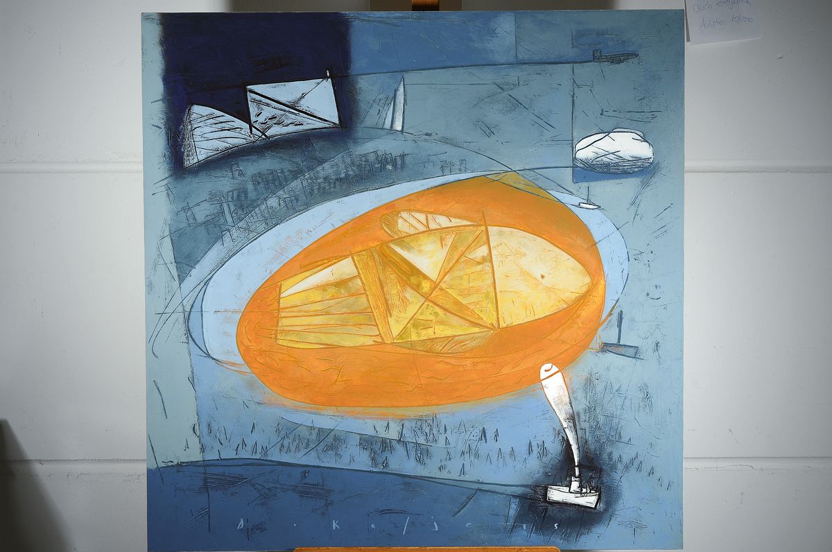 Detail k: David Kuijers, 1962 in Vanderbijlpark bei Johannesburg geboren, "The Golden Fish" vor der stil. Stadtkulisse von Kapstadt, Acryl/Lwd, ...