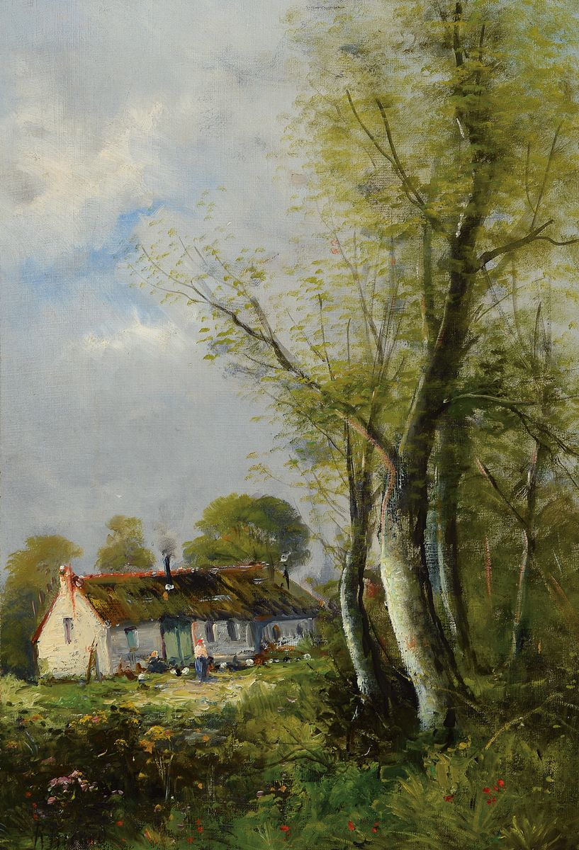 Unbekannter holländischer Künstler, um 1900-10, Bauerngehöft mit Personenstaffage, impressionistische Sicht, Öl/Lwd, links unten signiert R. ...
