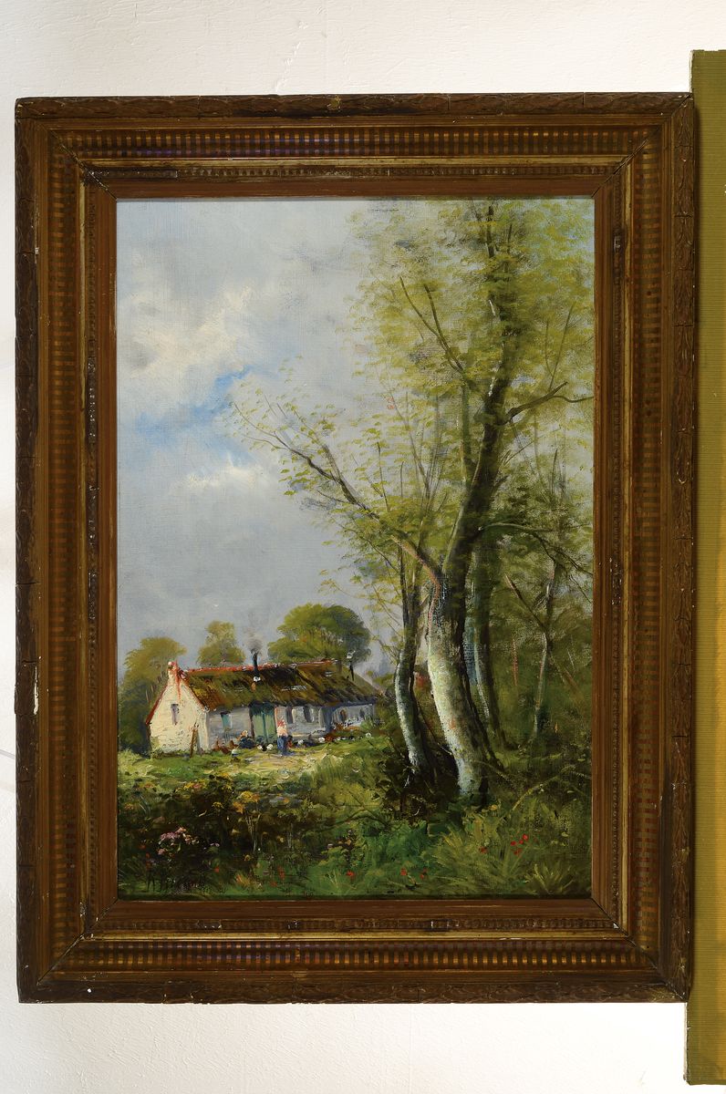 Detail k: Unbekannter holländischer Künstler, um 1900-10, Bauerngehöft mit Personenstaffage, impressionistische Sicht, Öl/Lwd, links unten signiert R. ...