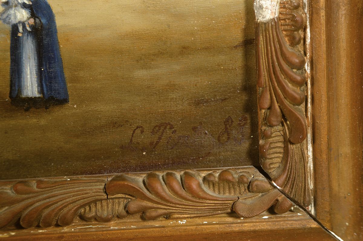 Detail a: Französischer Künstler, C. Peres, datiert 1889, wohl Loire Stadtansicht, Hafen mit Promenade, Brücken und Flussgeschehen und Personenstaffage ...