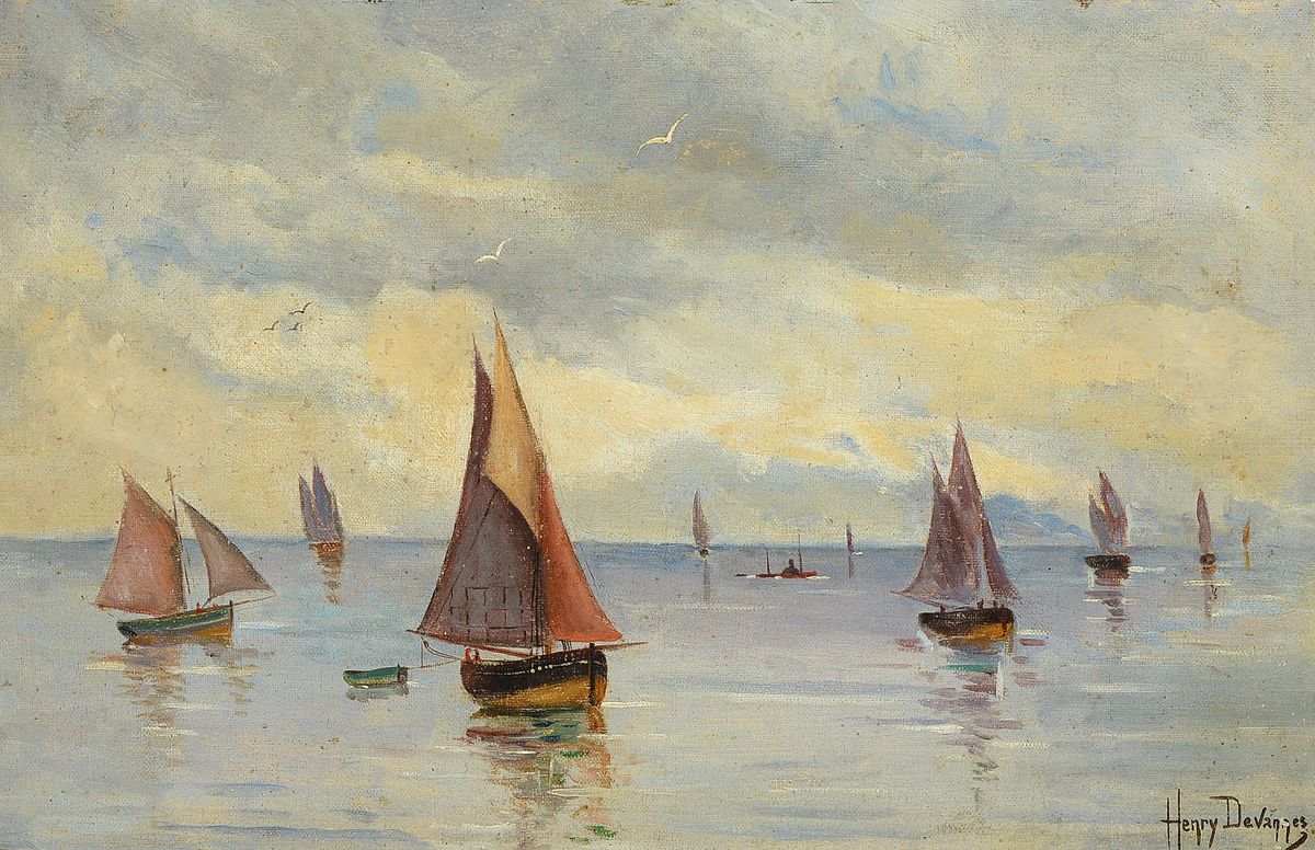 Unbekannter belgischer Künstler, um 1900, Segelschiffe auf ruhiger See, Wasserfläche im französischen Stil, Himmel, Segel und Wasser einheitlich ...