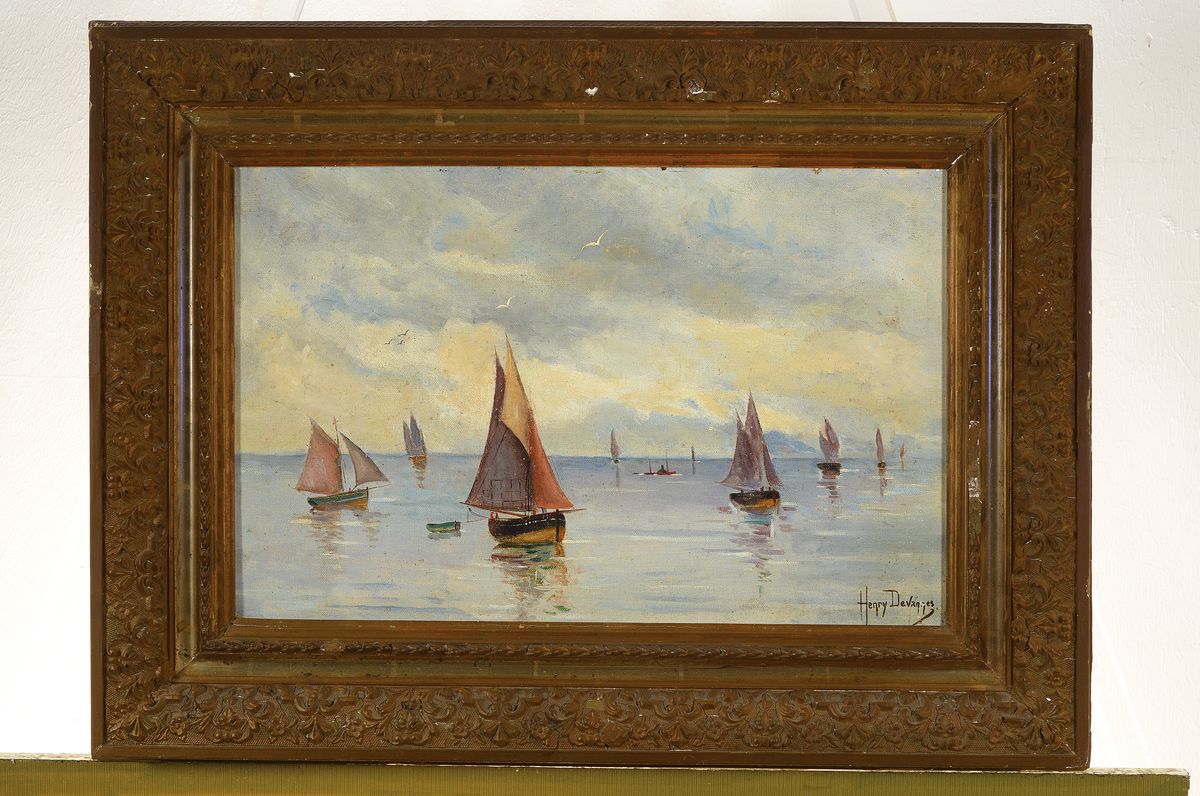 Detail k: Unbekannter belgischer Künstler, um 1900, Segelschiffe auf ruhiger See, Wasserfläche im französischen Stil, Himmel, Segel und Wasser einheitlich ...