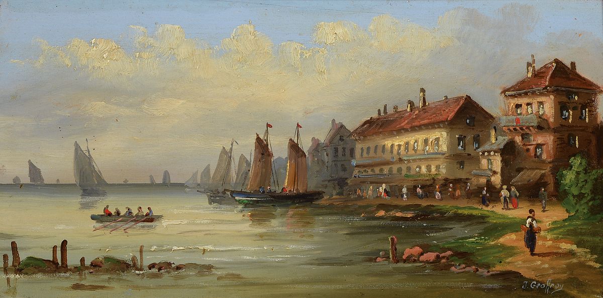J. Geoffroy, wohl belgischer Künstler, um 1900, Meereslandschaft, Bucht mit reicher Personenstaffage und Segelschiffen, impressionistische Sicht, ...
