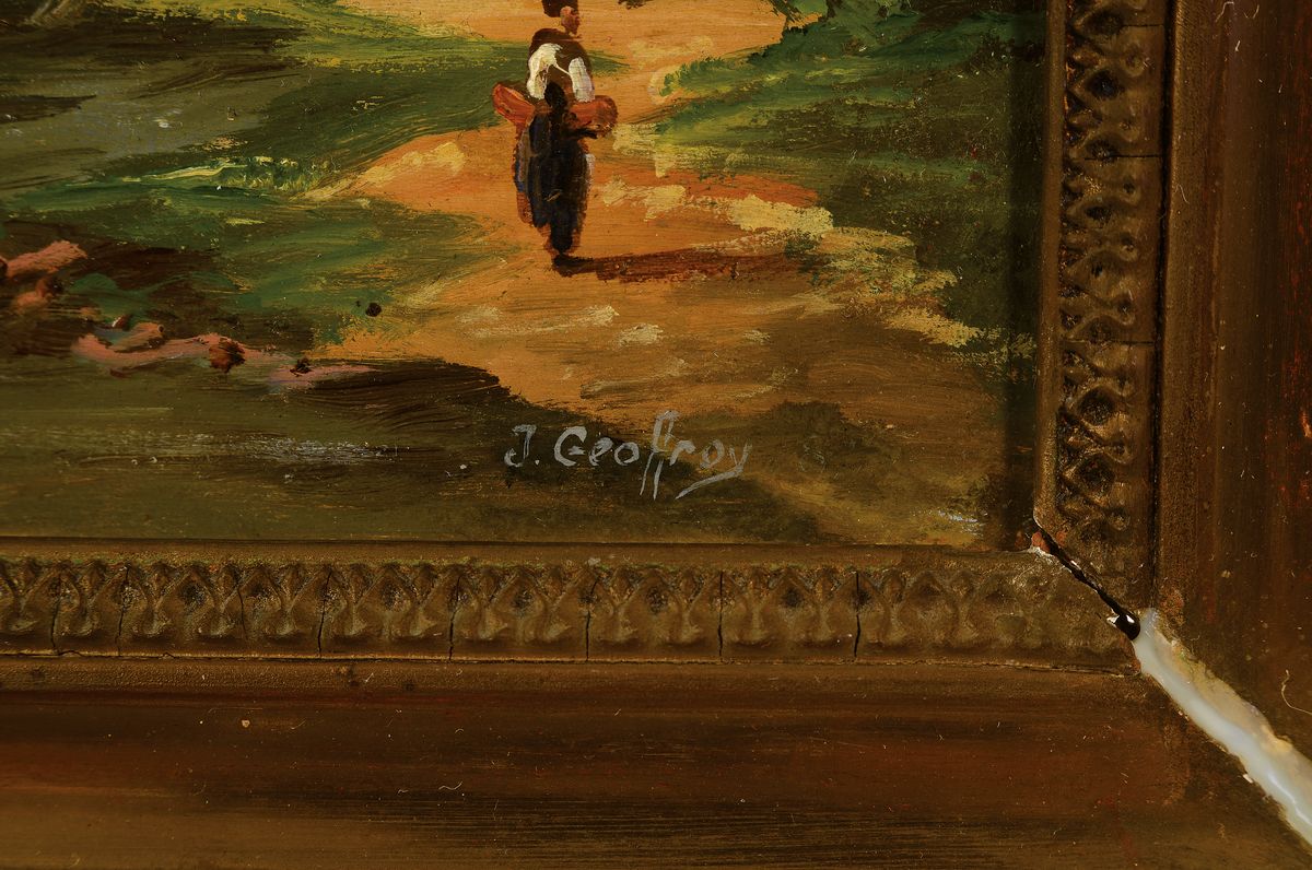 Detail a: J. Geoffroy, wohl belgischer Künstler, um 1900, Meereslandschaft, Bucht mit reicher Personenstaffage und Segelschiffen, impressionistische Sicht, ...