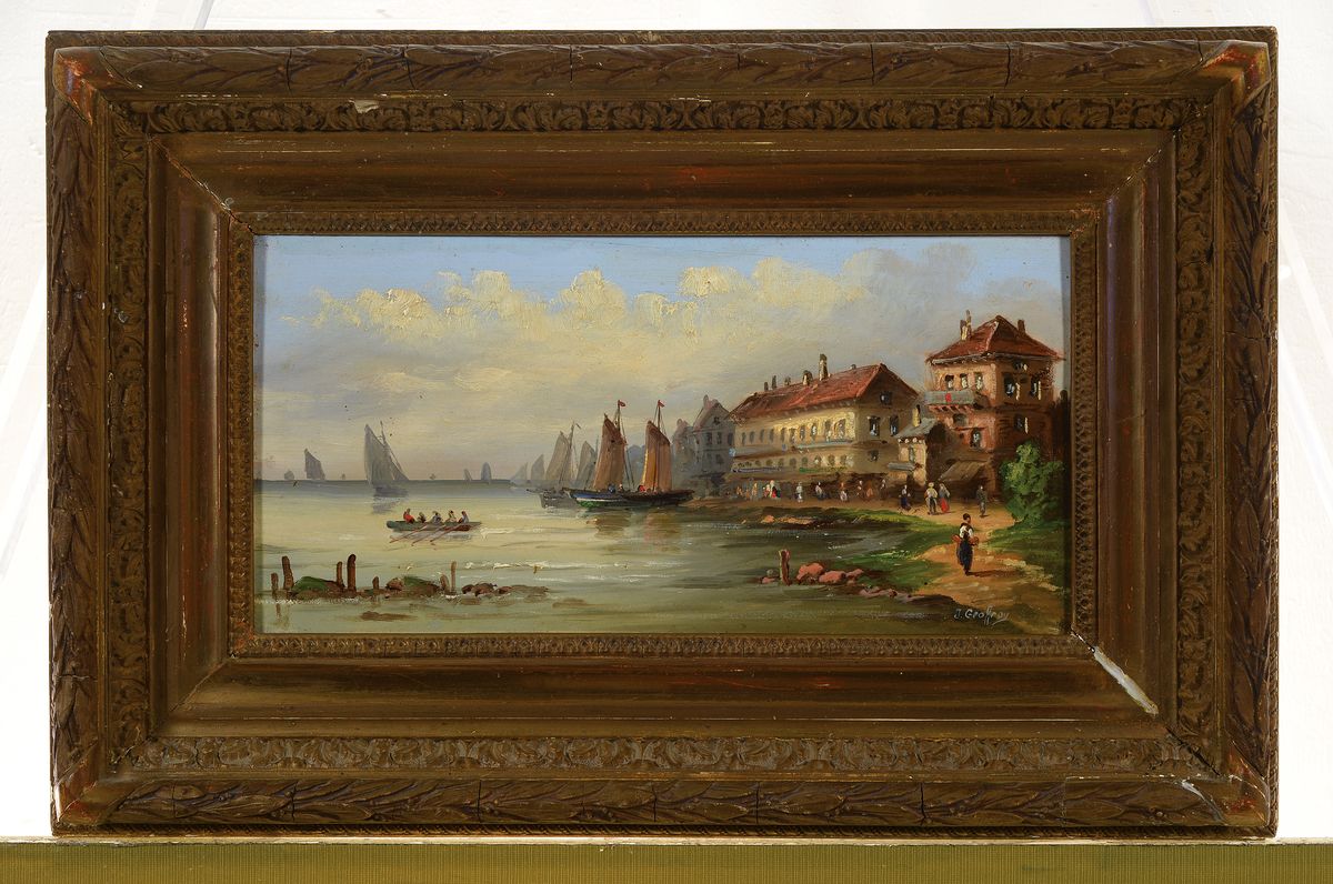 Detail k: J. Geoffroy, wohl belgischer Künstler, um 1900, Meereslandschaft, Bucht mit reicher Personenstaffage und Segelschiffen, impressionistische Sicht, ...