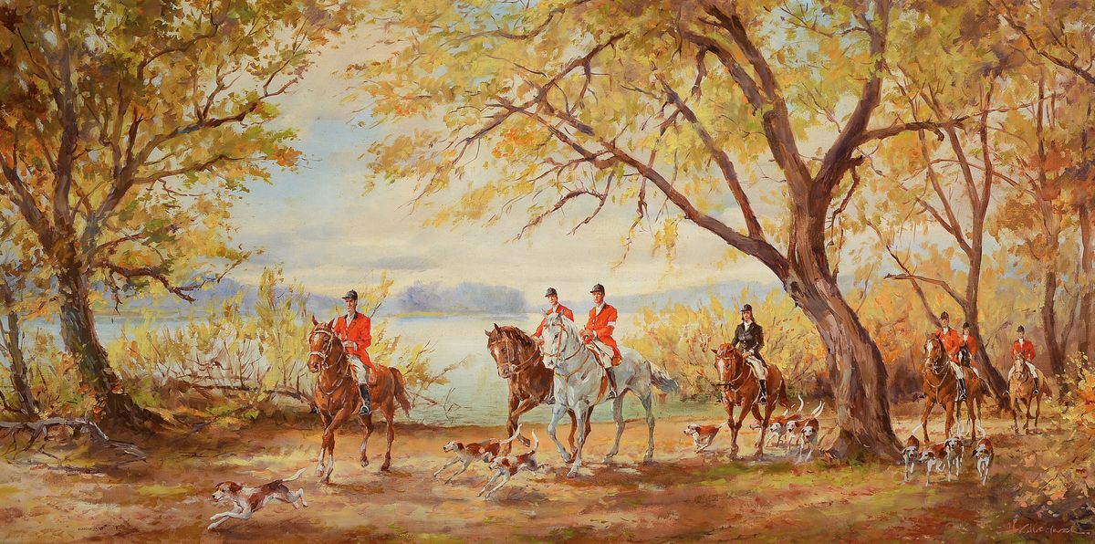 H. Krederzki, wohl polnischer Künstler, um 1950-60, Parforcejagd vor Seenlandschaft mit reichem Baumbestand, lebendige Darstellung der Pferde und ...