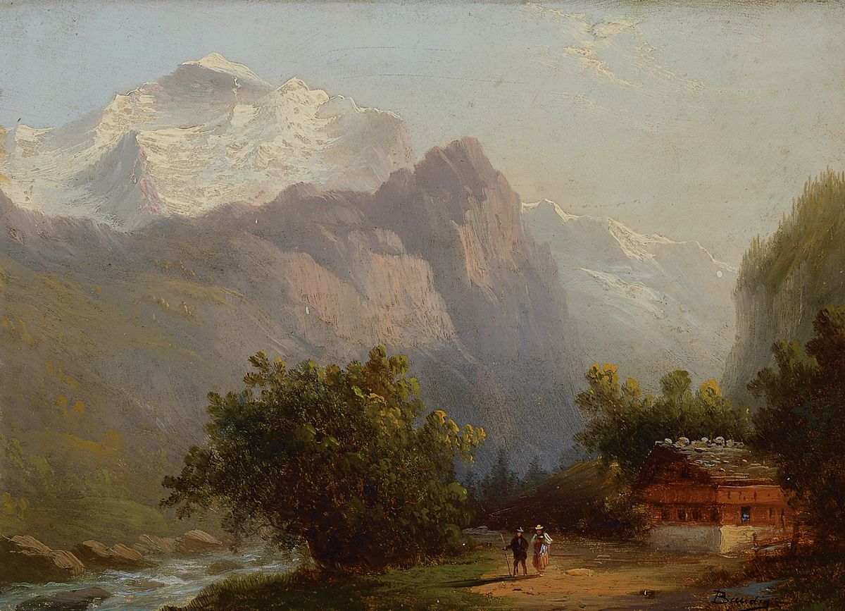 Eugene Baudin, 1843-1907, Alpenlandschaft mit Berghütte, Sturzbach und Personenstaffage, Öl/Holz, rechts unten signiert, ca. 17.5x25cm/29x33cm, ...