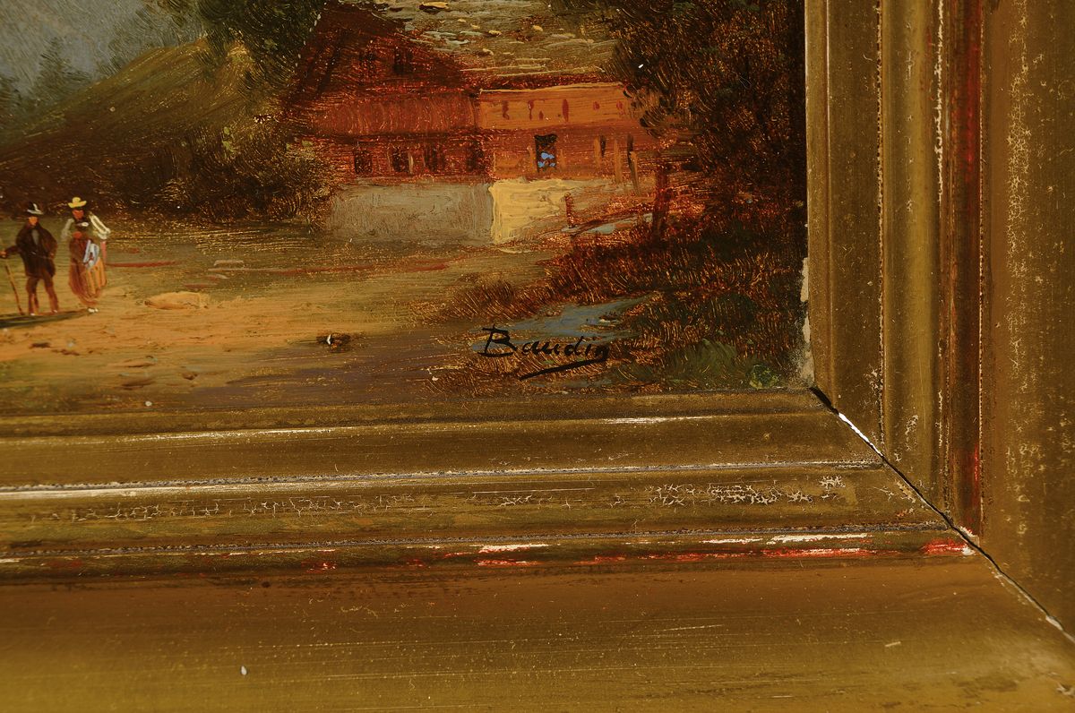 Detail a: Eugene Baudin, 1843-1907, Alpenlandschaft mit Berghütte, Sturzbach und Personenstaffage, Öl/Holz, rechts unten signiert, ca. 17.5x25cm/29x33cm, ...
