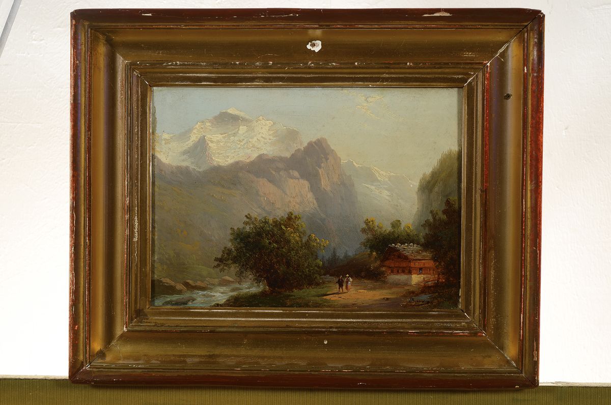 Detail k: Eugene Baudin, 1843-1907, Alpenlandschaft mit Berghütte, Sturzbach und Personenstaffage, Öl/Holz, rechts unten signiert, ca. 17.5x25cm/29x33cm, ...