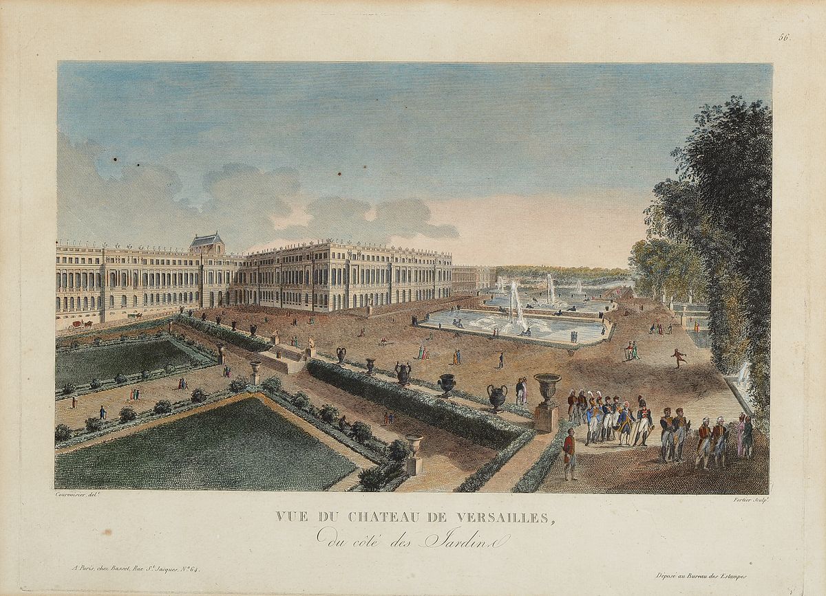 5 Blatt kolorierte Radierungen/ Guckkastenbilder, Paris, um 1800, 1x Vue de Chateau de Versailles, ca. 36x49cm/50x62cm; 1x les petits Messieurs, ca. ...