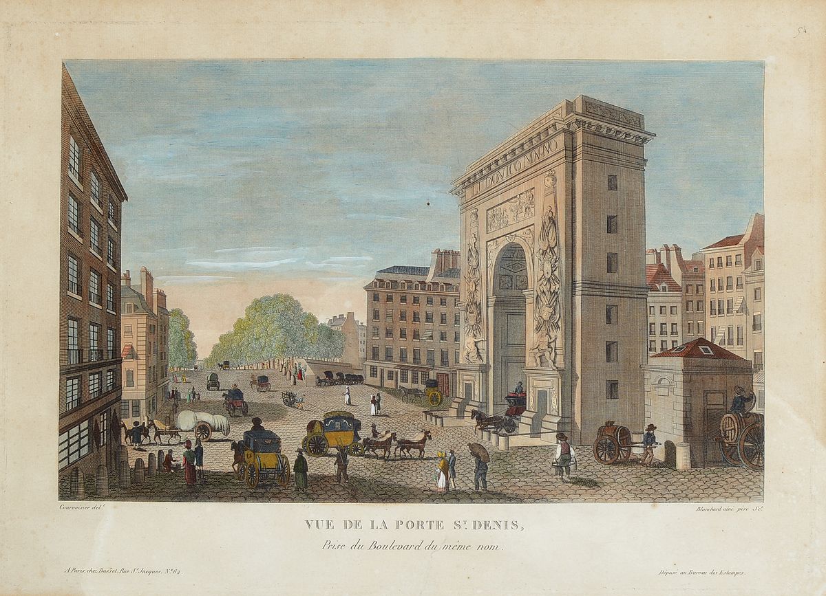 Detail a: 5 Blatt kolorierte Radierungen/ Guckkastenbilder, Paris, um 1800, 1x Vue de Chateau de Versailles, ca. 36x49cm/50x62cm; 1x les petits Messieurs, ca. ...