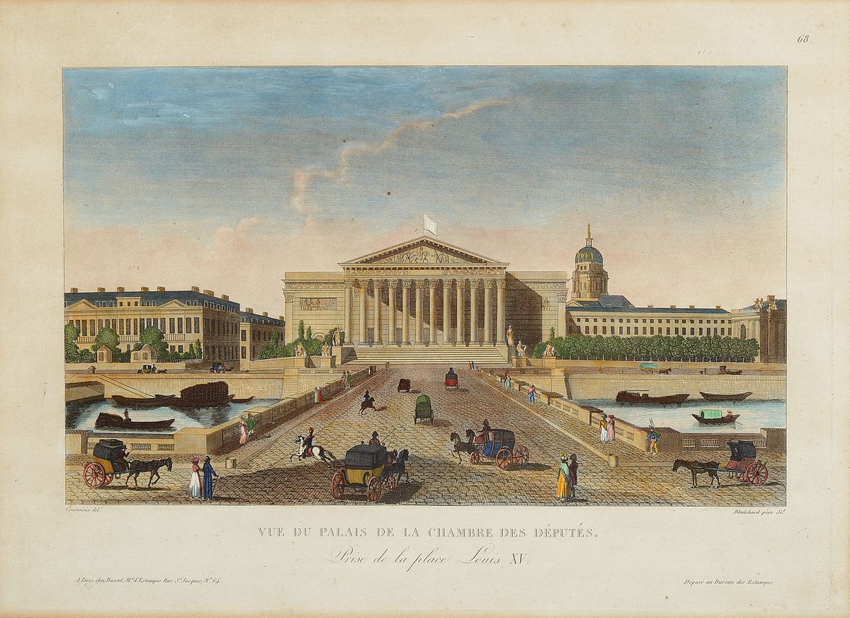 Detail b: 5 Blatt kolorierte Radierungen/ Guckkastenbilder, Paris, um 1800, 1x Vue de Chateau de Versailles, ca. 36x49cm/50x62cm; 1x les petits Messieurs, ca. ...