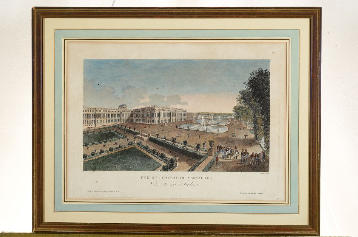 Detail k: 5 Blatt kolorierte Radierungen/ Guckkastenbilder, Paris, um 1800, 1x Vue de Chateau de Versailles, ca. 36x49cm/50x62cm; 1x les petits Messieurs, ca. ...