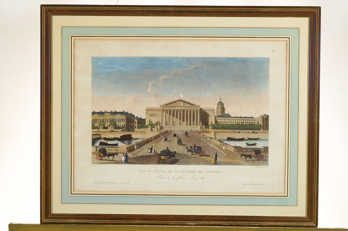 Detail m: 5 Blatt kolorierte Radierungen/ Guckkastenbilder, Paris, um 1800, 1x Vue de Chateau de Versailles, ca. 36x49cm/50x62cm; 1x les petits Messieurs, ca. ...
