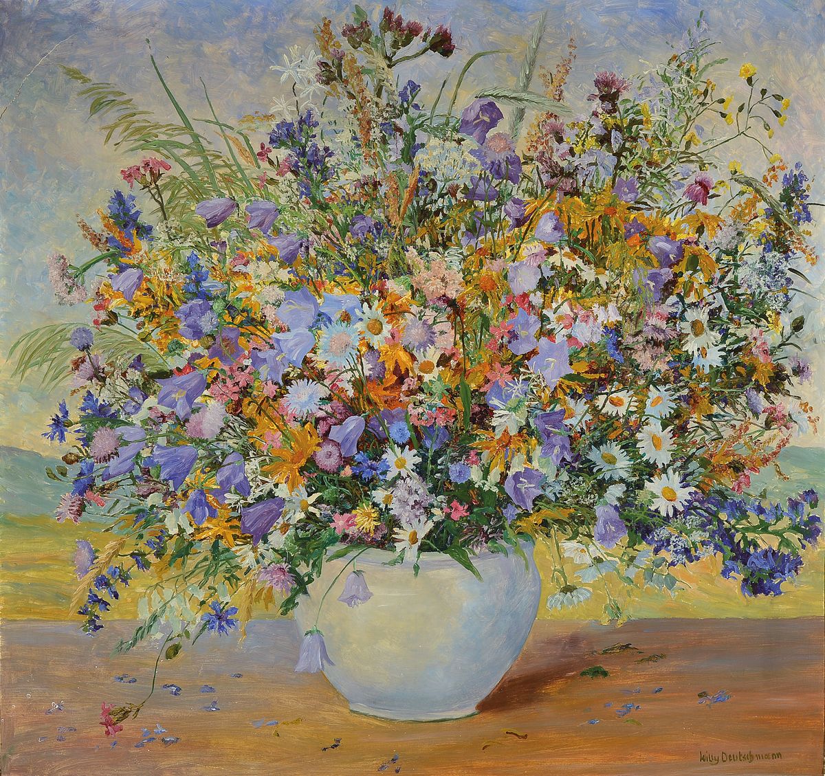 Willy Deutschmann, 1880 Oberflörsheim- 1960 Petersbächel, Stillleben mit Sommerblumen aus der Pfalz, lebendiger durchgehender Duktus, zentrische ...