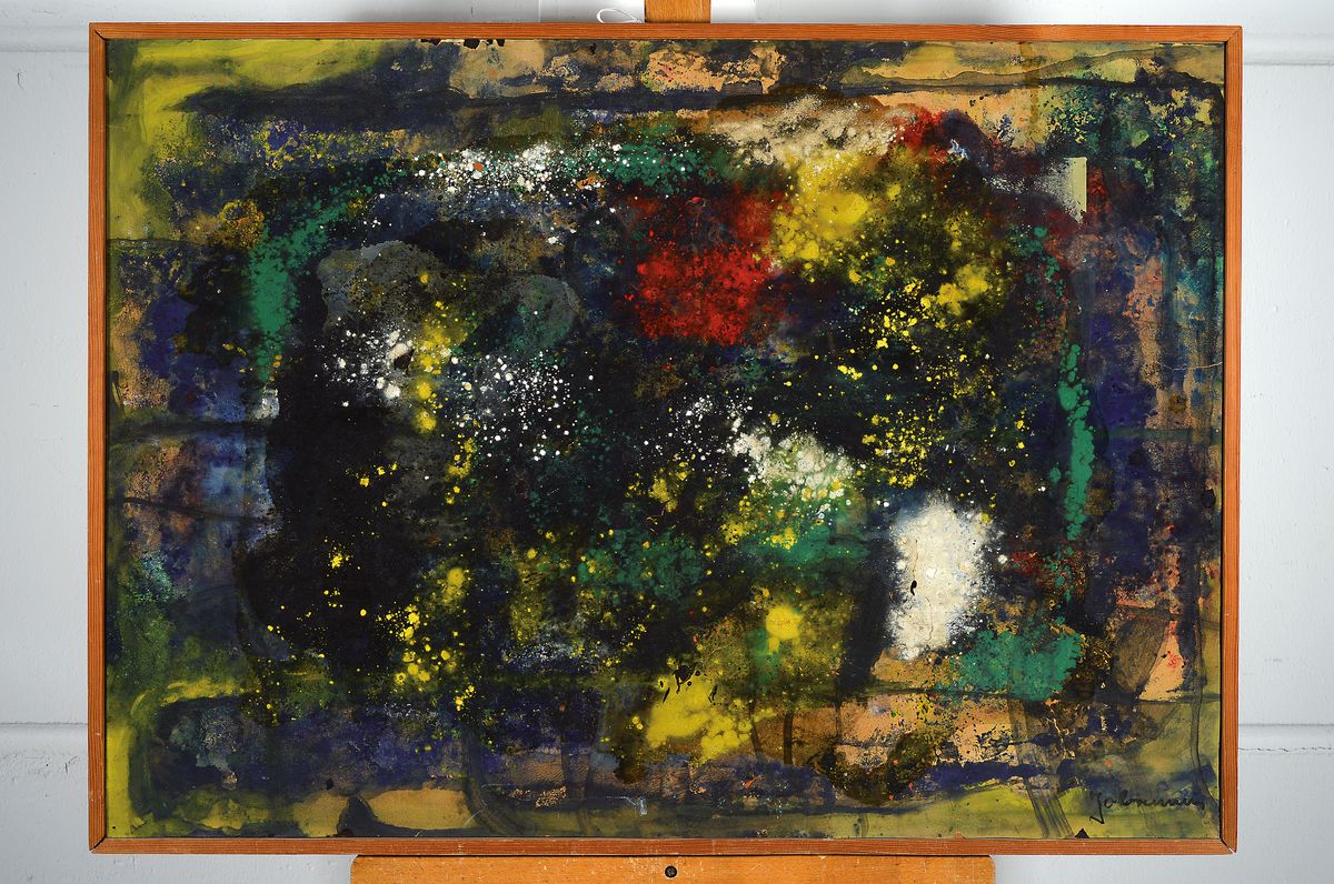 Detail k: Jo Brenneis,1910-1994, abstrakte Komposition, Öl/Platte, signiert ca. 63 x 85 cm, Rahmen