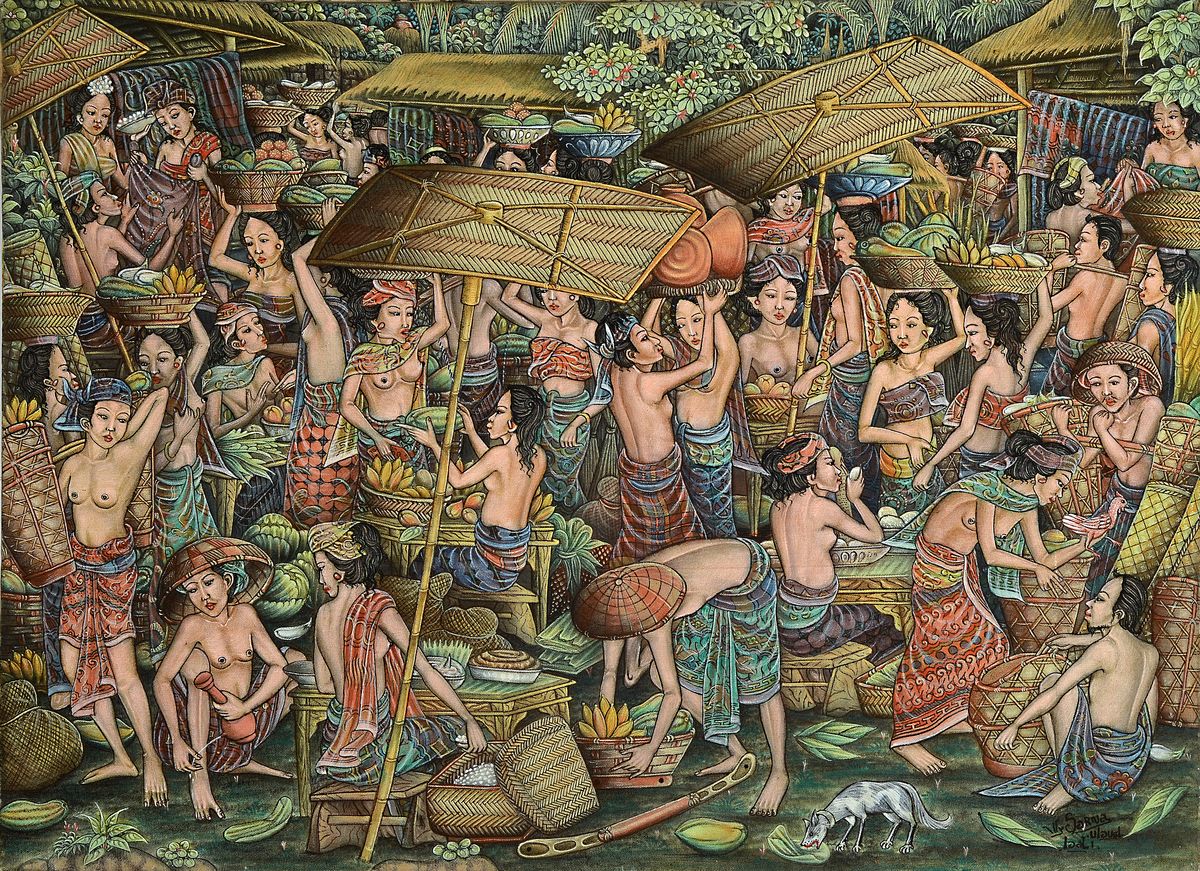 Sarva, balinesischer Künstler, lebhafte Marktszene mit vielen Frauen, re. u. signiert, Öl/Lwd, H. 60 x 80 cm