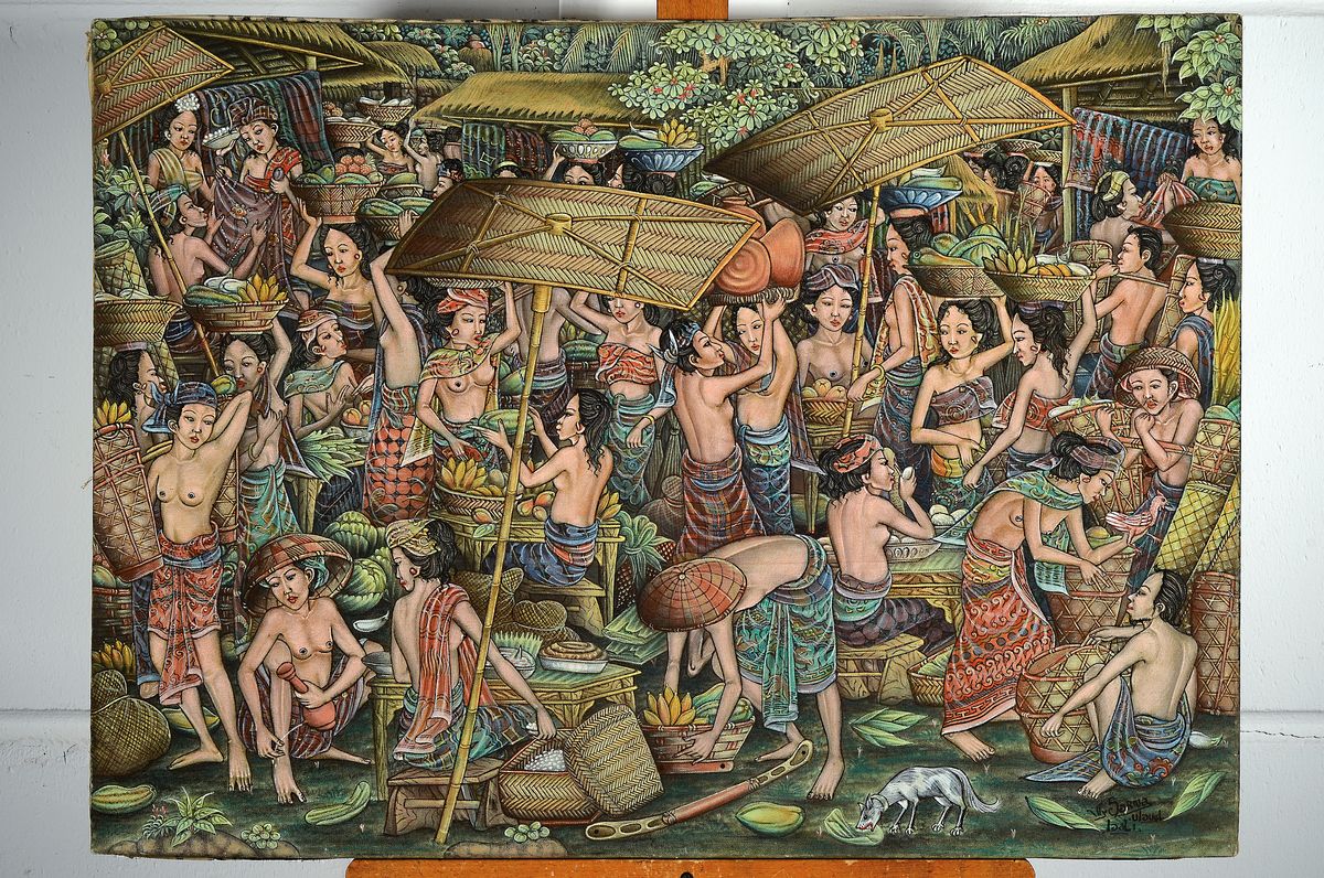 Detail k: Sarva, balinesischer Künstler, lebhafte Marktszene mit vielen Frauen, re. u. signiert, Öl/Lwd, H. 60 x 80 cm
