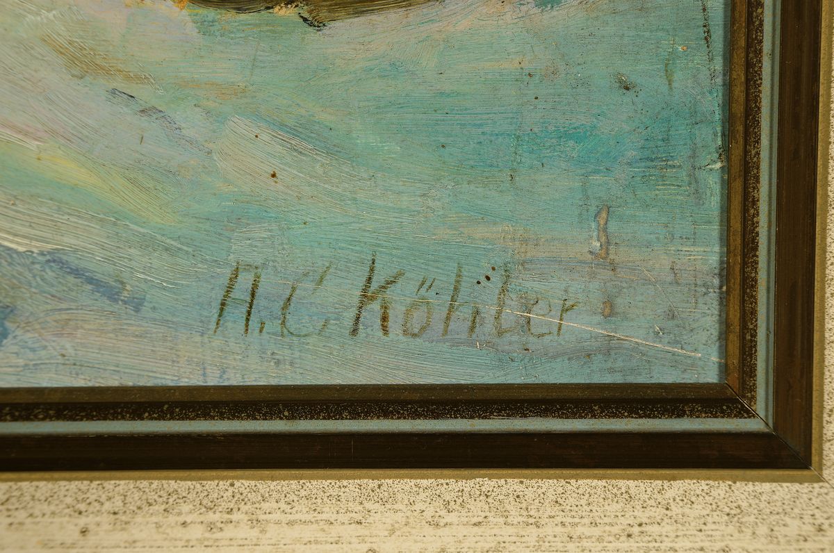 Detail a: A.C. Köhler, Künstler des 19./20.Jh., Hochalpine Landschaft, Bergformation ähnlich den Drei Zinnen in den Dolomiten, impressionistische Wiedergabe ...